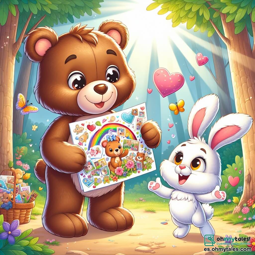 Ilustración que representa un pequeño oso de peluche, con pelaje marrón y ojos brillantes de alegría. Sonríe ampliamente, sosteniendo un collage colorido en sus patas, lleno de fotos y decoraciones, mostrando su emoción y amor. A su lado, un pequeño conejo de grandes orejas y pelaje blanco, que salta de alegría, con una sonrisa radiante en su rostro. Mira el collage con admiración, justo al lado del oso. La escena se desarrolla en un bosque encantado, con grandes árboles de hojas verdes y flores coloridas esparcidas por el suelo. Rayos de sol filtran a través de las ramas, creando un ambiente cálido y alegre. La situación principal muestra al oso presentando orgullosamente su regalo hecho a mano a su papá oso, con una expresión de anticipación y felicidad en su rostro. Elementos gráficos adicionales incluyen corazones flotantes alrededor de los personajes, mariposas coloridas en el aire y un cielo azul claro, añadiendo un toque de magia y amor a esta escena del día del padre.