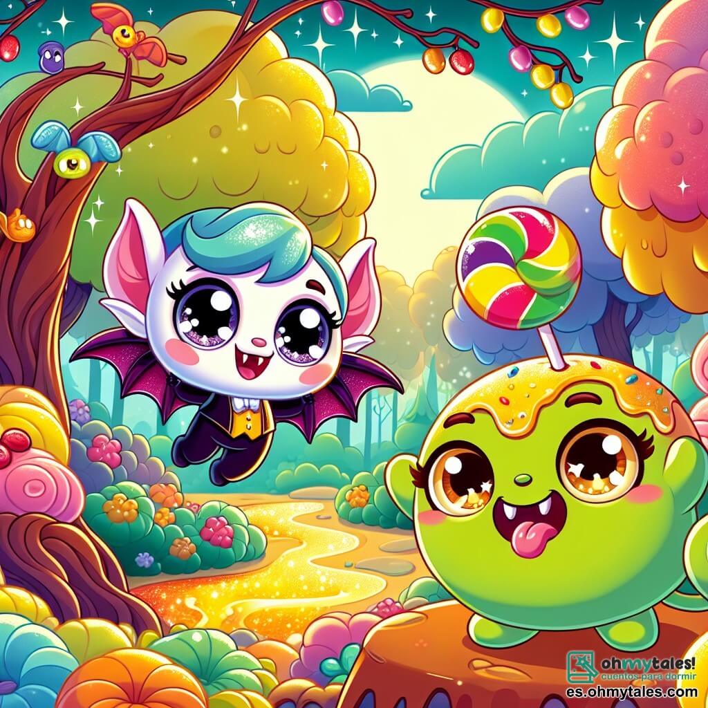 En el centro de la imagen, un pequeño vampiro llamado Vampi, con alas de murciélago multicolores y ojos chispeantes de alegría, está colgado de una rama de caramelo, riendo a carcajadas. Tiene la piel pálida y colmillos que no asustan, pero que añaden a su encanto. A su lado, Ziggly, una criatura redonda y verde con una gran trompa en forma de nariz, levanta los brazos al aire, listo para ayudarlo a liberarse. Ziggly tiene ojos dorados brillantes y una sonrisa contagiosa, mostrando su entusiasmo y determinación. El escenario es un hermoso bosque encantado, donde los árboles tienen troncos de caramelo y hojas de algodón de azúcar. Ríos de limonada burbujeante serpentean por el paisaje, y flores coloridas bailan al ritmo de una suave brisa. La situación principal muestra a Vampi, el vampiro, colgado de la rama, riendo alegremente, mientras Ziggly, con una expresión decidida, prepara un cojín de algodón de azúcar para que aterrice de manera segura. La atmósfera está llena de magia y camaradería, ilustrando el espíritu de aventura y amistad de la historia.