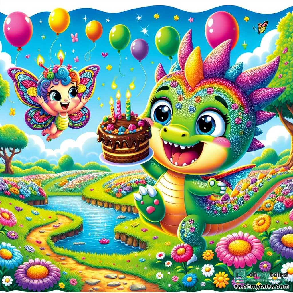 Un pequeño dragón llamado Dimi, con escamas brillantes de todos los colores del arcoíris, sonríe alegremente mientras sostiene un pastel de chocolate que salta en sus patas. Dimi tiene grandes ojos brillantes y una expresión de emoción en su rostro. A su lado, una mariposa llamada Lila, con alas coloridas y brillantes, baila con entusiasmo, riendo mientras sostiene flores vibrantes en sus pequeñas patas. En el fondo, un campo de flores multicolores se extiende bajo un cielo azul brillante, con árboles verdes y un arroyo reluciente. La escena muestra a Dimi y Lila preparando una sorpresa festiva para el gran dragón Rufus, que llega con una sonrisa maravillada, rodeado de globos flotantes y una atmósfera alegre.