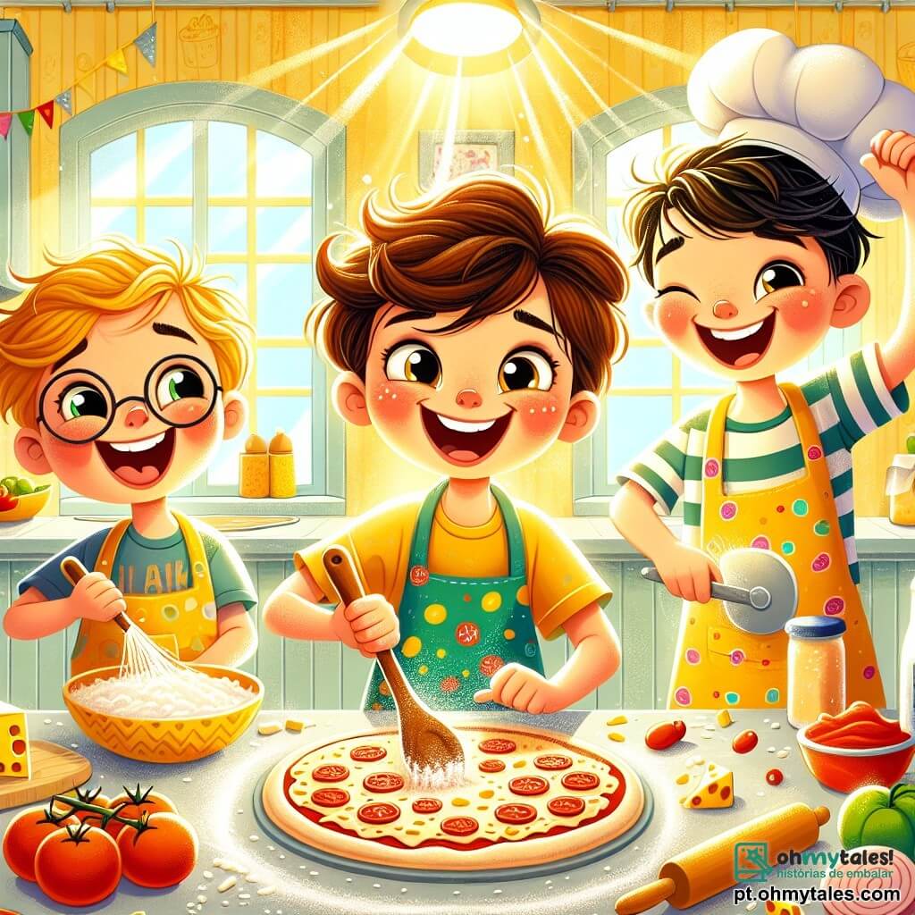 Em uma cozinha ensolarada, três meninos estão preparando uma pizza para o Dia dos Pais. Miguel, um garoto de sete anos com cabelos castanhos bagunçados e um grande sorriso, está no centro, usando um avental colorido. À sua direita, João, um menino de cabelos loiros e olhos brilhantes, espalha o queijo com entusiasmo. À esquerda, Pedro, um garoto de cabelos negros e óculos redondos, ri enquanto segura uma grande colher de molho de tomate, pronto para espalhá-lo na massa. A cozinha é iluminada, com paredes amarelas e janelas abertas que deixam entrar a luz do sol. Na mesa, ingredientes coloridos estão espalhados: tomates, azeitonas e pedaços de presunto, criando uma atmosfera alegre. Os três amigos se divertem criando uma pizza em forma de coração, simbolizando seu amor pelo pai. Risadas ecoam enquanto eles se atiram ingredientes e se cobrem de farinha, tornando a cena ainda mais viva e cheia de felicidade.