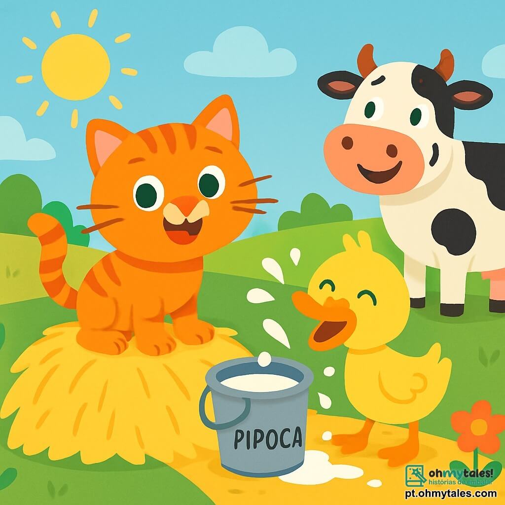 Um gato chamado Pipoca, com pelagem listrada laranja e olhos verdes brilhantes, está alegremente em cima de um monte de feno, com um grande sorriso no rosto. Ao lado dele, um pato chamado Quico, com penas amarelas e um bico laranja, espirra leite enquanto ri, enquanto uma vaca chamada Lila, com manchas brancas e pretas, está ao fundo, divertindo-se, com um grande sorriso no rosto. A cena acontece em uma fazenda ensolarada, com campos verdes, céu azul claro e flores coloridas ao redor. No centro da imagem, Pipoca se prepara para brincar de esconde-esconde, escondido atrás de um balde de leite derramado, enquanto Quico e Lila riem juntos, criando uma atmosfera alegre e lúdica.