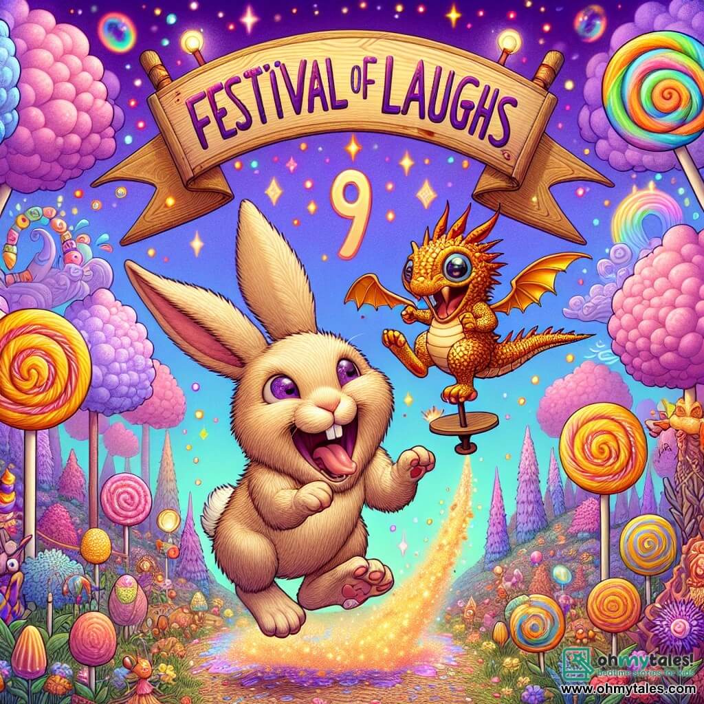 An illustration depicts a small rabbit with large ears and soft, silky beige fur, expressing immense joy and curiosity. It is enthusiastically jumping, its eyes shining with excitement, in front of a magical carrot sparkling with gold and bright colors. Next to it is a small dragon-squirrel with shimmering scales and a bushy tail, wearing a mischievous smile and sparkling eyes, bouncing on a pogo stick and making a funny honking sound. In the background, a fantastical landscape features a vibrant purple sky dotted with cotton candy clouds, lollipop-shaped trees, and colorful flowers singing joyfully, creating a magical and playful atmosphere. The main scene shows the rabbit and its friends celebrating the start of the Laughter Festival, surrounded by funny creatures making amusing noises in a festive and joyful ambiance. Other graphic elements include colorful confetti floating in the air, bubbles of laughter escaping from the creatures, and a large wooden sign decorated in bright colors announcing the "Laughter Festival."