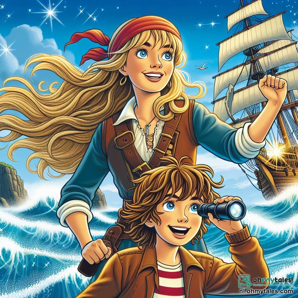 Op de voorgrond staat kapitein Lotte, een moedige vrouw van ongeveer 25 jaar, trots op de brug van haar schip, De Vliegende Dolfijn. Ze heeft lange blonde haren die in de wind waaien, een rode bandana op haar hoofd en een vastberaden glimlach op haar gezicht, terwijl ze een schatkaart in haar handen houdt. Naast haar staat Sam, haar beste vriend, een 12-jarig jongetje met rommelig bruin haar en sprankelende ogen van opwinding, die met een verrekijker de horizon in de gaten houdt, klaar om mogelijke vijanden te spotten. Op de achtergrond is de lucht helderblauw met witte wolken, terwijl glinsterende golven om het schip dansen, wat een avontuurlijke sfeer creëert. Lotte en Sam turen naar de horizon, vol verwachting om de Vergeten Archipel te ontdekken, met een glinstering van opwinding en anticipatie in hun ogen, klaar om alle gevaren te trotseren die op hun pad komen.