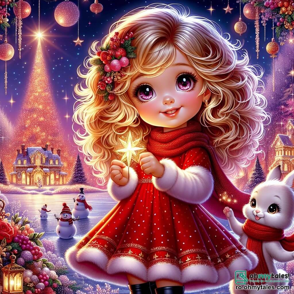 O fetiță de 6 ani, Ema, cu ochi mari și strălucitori și păr blond ondulat, zâmbește cu uimire. Ea poartă o rochie roșie cu buline albe și cizme din piele neagră, ținând în mâini o stea aurie strălucitoare. Lângă ea, un iepuraș alb cu blană pufoasă, purtând un fular roșu, îi face cu ochiul prietenos, stând pe picioarele din spate. Fundalul este un peisaj feeric de Crăciun, cu un cer plin de stele și fulgi de zăpadă roz și violet căzând ușor. Un brad mare, decorat cu ghirlande luminoase și globuri colorate, se află în spatele lor, iluminând scena cu o strălucire caldă. Ema și iepurașul sunt în mijlocul unui câmp de zăpadă strălucitoare, unde oameni de zăpadă zâmbitori dansează vesel în jurul lor. Situația principală o arată pe Ema, uimită, descoperind această lume magică și primitoare, pregătită să trăiască o aventură de neuitat.