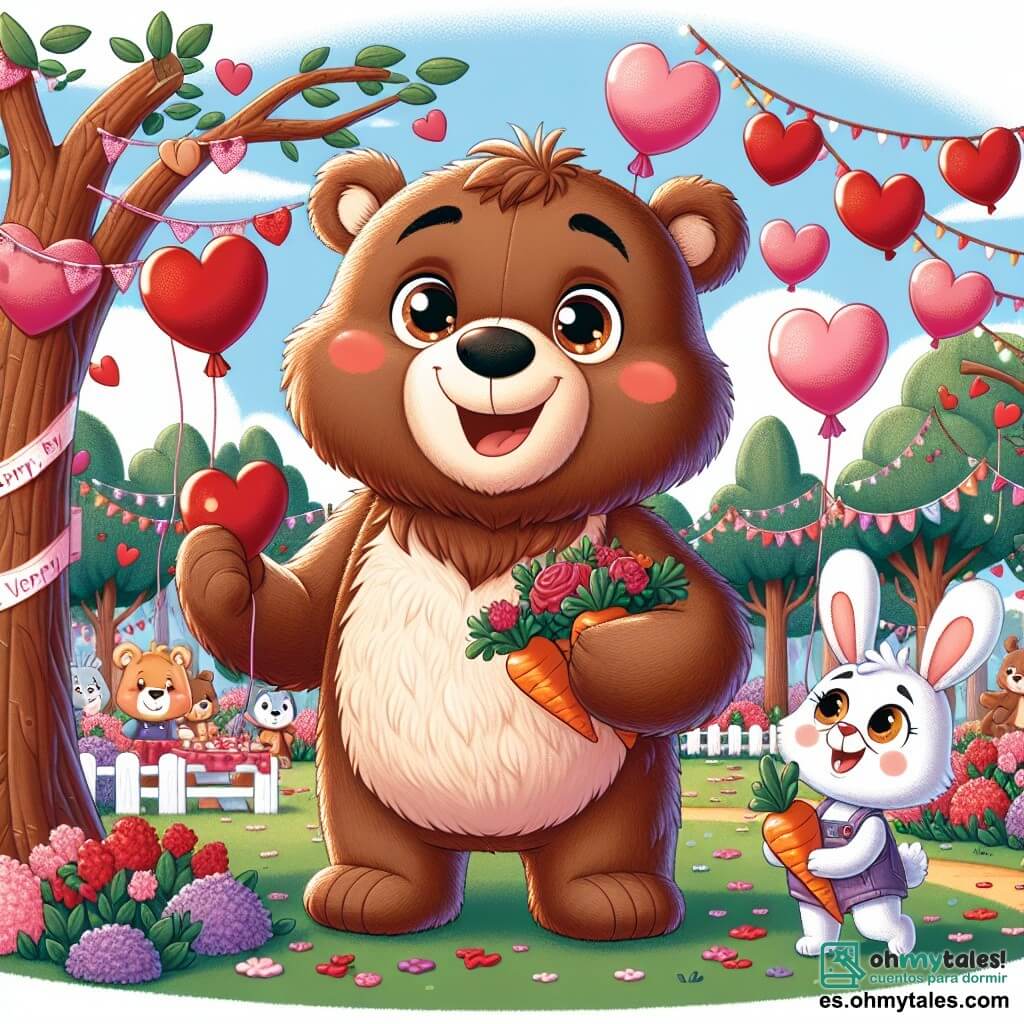 Un oso de peluche llamado Bonifacio, con un pelaje marrón y suave, y ojos brillantes de alegría, está decorando un parque para una fiesta de San Valentín. Cuelga globos rojos y rosas de las ramas de los árboles, sonriendo ampliamente y rebosante de entusiasmo. A su lado, una pequeña conejita llamada Lila, con pelaje blanco y orejas grandes, sostiene zanahorias de chocolate, saltando de felicidad. Ella mira a Bonifacio con admiración, lista para ayudarlo en los preparativos. El parque está lleno de flores coloridas, grandes árboles de hojas verdes y un cielo azul brillante. Guirnaldas de corazones de papel flotan en el aire, creando un ambiente festivo y cálido. La escena muestra a Bonifacio y Lila preparando una gran fiesta, rodeados de decoraciones alegres, mientras otros amigos animales se reúnen para celebrar la amistad y el amor.