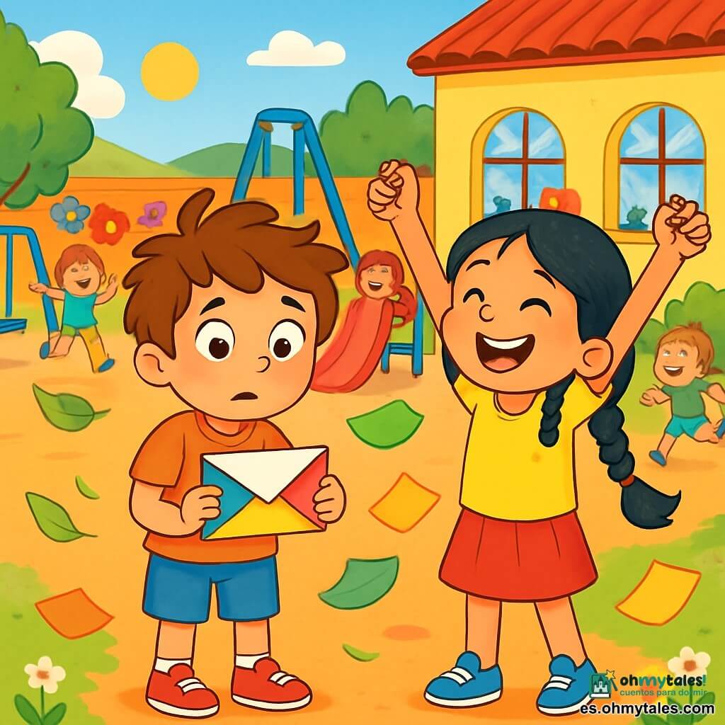 Un niño de 6 años, con ojos marrones brillantes y cabello castaño desordenado, se encuentra en el centro de la imagen, luciendo emocionado y un poco preocupado, sosteniendo una carta colorida en sus manos. A su lado, su mejor amiga, Lucía, una niña de 6 años con largas trenzas negras y una sonrisa radiante, lo anima con entusiasmo, con los brazos levantados en señal de victoria. El escenario es un patio escolar soleado, lleno de juegos coloridos, flores de papel colgadas en las paredes y niños jugando alegremente a su alrededor. La situación principal muestra a Carlos y Lucía buscando una carta perdida, con hojas volando a su alrededor, mientras una suave brisa hace danzar los papeles coloridos.