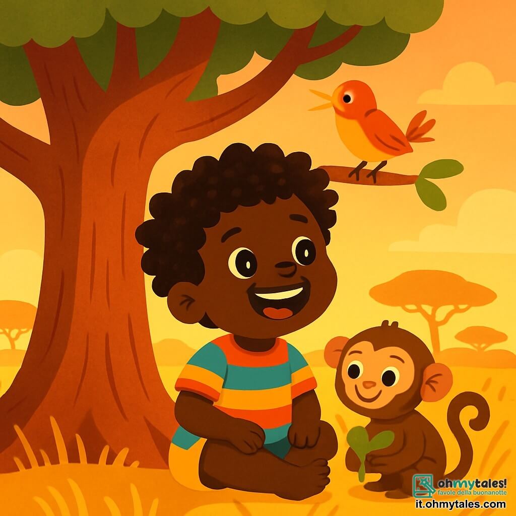 Un giovane ragazzo di nome Kofi, con occhi brillanti come stelle e un ampio sorriso gioioso, è seduto sotto un grande baobab. Indossa una maglietta colorata e pantaloni corti di tessuto leggero, mentre i suoi capelli crespi e ricci danzano nel vento. Accanto a lui, una piccola scimmietta birichina, con pelliccia marrone e occhi maliziosi, tiene una foglia verde nelle sue piccole mani, pronta a giocare. Un uccellino dalle piume vivaci, rosso e giallo, è posato su un ramo appena sopra, cantando gioiosamente. La scena si svolge in una savana dorata, illuminata dalla calda luce del sole al tramonto, con l'erba alta che danza dolcemente sotto la brezza. In lontananza, silhouette di alberi si stagliano contro un cielo colorato di rosa e arancione. Kofi, circondato dai suoi amici animali, condivide un momento di felicità, ridendo e ascoltando il canto dell'uccello, mentre la savana si illumina di colori caldi.