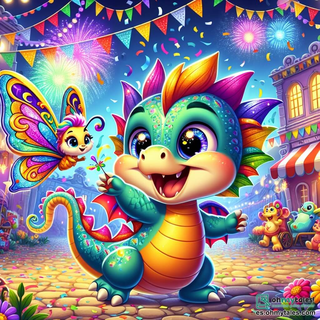 Ilustración que representa un pequeño dragón colorido, con escamas brillantes de todos los colores del arcoíris. Tiene grandes ojos chispeantes de alegría y una sonrisa radiante, bailando con entusiasmo en medio de una fiesta. A su lado, una mariposa delicada con alas translúcidas y coloridas, expresando gran emoción, vuela a su alrededor haciendo piruetas alegres. El decorado se sitúa en un pueblo mágico, donde las calles están adornadas con serpentinas multicolores, faroles brillantes y flores vibrantes. Criaturas fantásticas, como hadas y trolls, animan el ambiente festivo, mientras fuegos artificiales iluminan el cielo nocturno. La situación principal muestra al dragón y la mariposa bailando juntos, buscando una estrella dorada escondida entre las decoraciones del carnaval, llenos de entusiasmo y curiosidad. Confetis de colores flotan en el aire y risas resuenan a su alrededor, creando una atmósfera de alegría y magia.