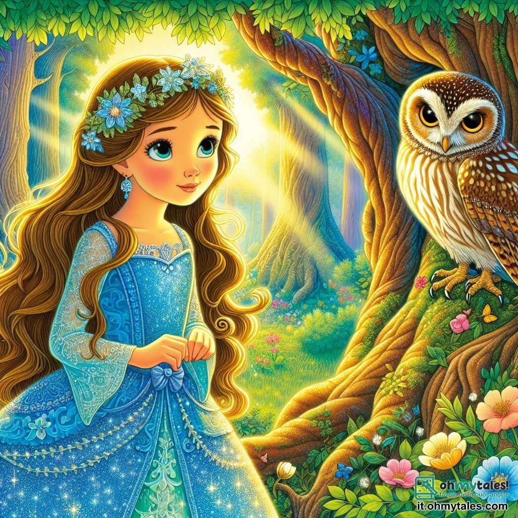 La principessa Isabella, una ragazza di circa 12 anni, ha lunghi capelli ondulati castano chiaro, decorati con piccoli fiori bianchi. Indossa un abito blu brillante che risplende come il cielo, e il suo volto esprime determinazione e meraviglia mentre si trova davanti a un maestoso albero antico, il cuore della foresta. Accanto a lei, un gufo saggio, con grandi occhi dorati e piumaggio marrone maculato, si posa su un ramo basso, osservando Isabella con benevolenza, pronto a darle consigli. Il paesaggio è una foresta incantata, con alberi enormi dai tronchi nodosi, foglie verde smeraldo scintillanti e fiori colorati che danzano al vento. Un dolce raggio di luce filtra tra i rami, illuminando il volto di Isabella e creando un'atmosfera magica. La scena principale mostra Isabella, pronta a toccare il cuore luminoso dell'albero, simbolo del suo coraggio e della sua ricerca per dimostrare il suo valore.