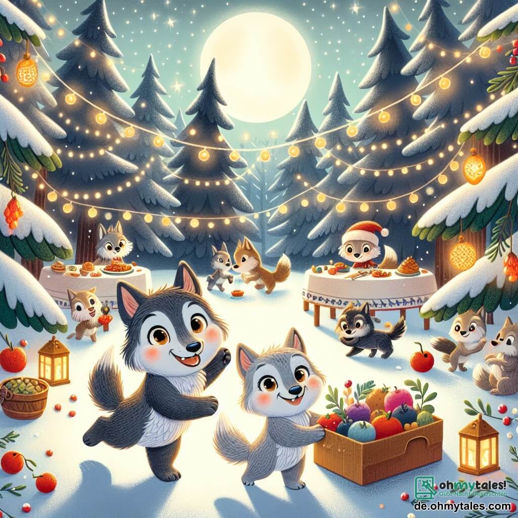 In einem verschneiten Wald tanzt ein kleiner Wolf namens Luki mit grauem Fell und funkelnden Augen in der Mitte einer Lichtung, die von leuchtenden Beeren geschmückt ist, mit einem breiten Lächeln im Gesicht. An seiner Seite hält seine Schwester Mia, ein kleines Weibchen mit hellbraunem Fell und spitzen Ohren, eine Kiste mit buntem Gemüse, ihr Gesicht strahlt vor Aufregung. Nicht weit entfernt ist Benni, Lukis Bruder, ein Wolf mit schwarzem Fell und schelmischen Augen, umgeben von kleinen Vögeln, die Dekorationen basteln, mit einem Ausdruck von Stolz und Freude. Die Lichtung ist geschmückt mit schneebedeckten Tannen, funkelnden Laternen und einem großen Tisch voller köstlicher Speisen, während der Mond darüber leuchtet und eine magische Atmosphäre schafft. Die Szene zeigt die Freude und Begeisterung der jungen Wölfe, die gemeinsam ihr erstes Neujahrsfest feiern, umgeben von ihren tierischen Freunden in einer festlichen und warmen Stimmung.