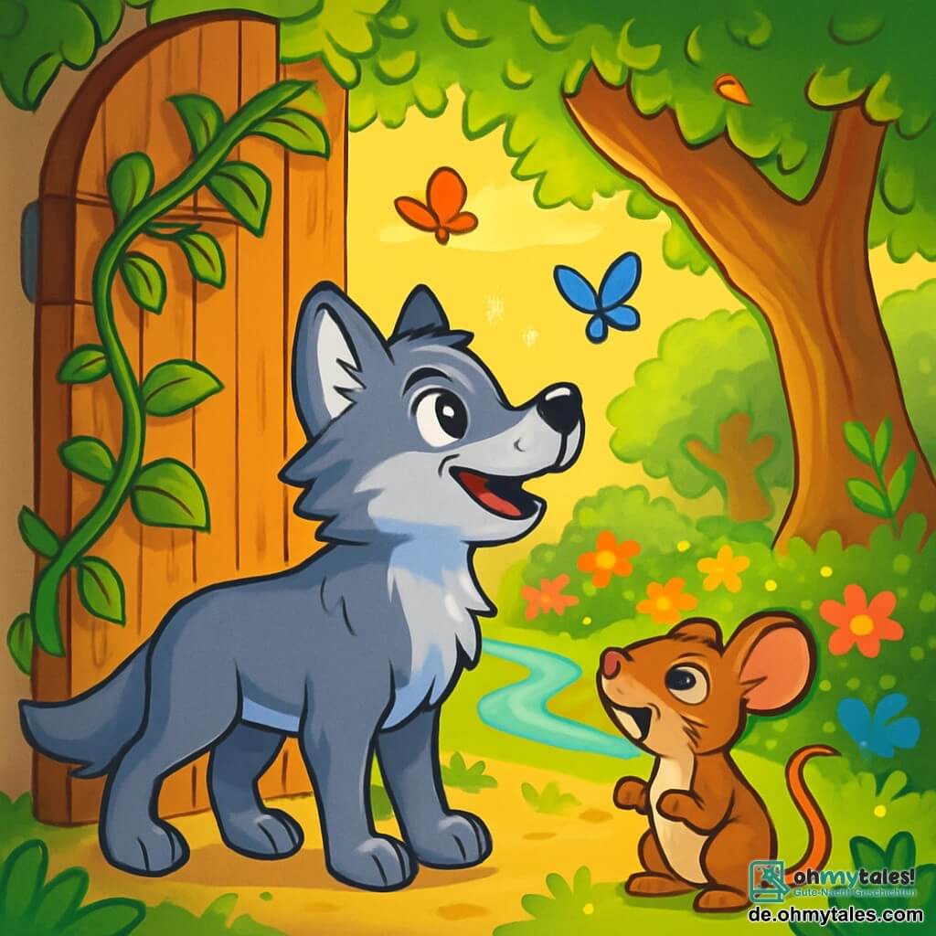 Ein junger Wolf namens Lupo mit glänzenden Augen und seidig grauem Fell steht vor einem riesigen Holztor, das mit grünen Lianen geschmückt ist. Sein Gesichtsausdruck zeigt Staunen und Aufregung. Er schnuppert die frische Luft, bereit, in den geheimen Garten einzutreten. Neben ihm steht eine kleine Maus namens Mimi mit braunem Fell und großen Ohren, die neugierig schaut, während sie auf ihren Hinterbeinen steht, bereit, Lupo auf dem Abenteuer zu folgen. Der Ort ist ein versteckter Garten, durchflutet von goldenem Licht, gefüllt mit leuchtenden Blumen, knorrigen großen Bäumen und glitzernden Bächen, die sich zwischen den Sträuchern schlängeln. Die Hauptszene zeigt Lupo und Mimi, die bereit sind, die Wunder des Gartens zu entdecken, während bunte Schmetterlinge um sie tanzen und eine sanfte Brise die Blätter rascheln lässt, was eine magische Atmosphäre voller Abenteuer verspricht.