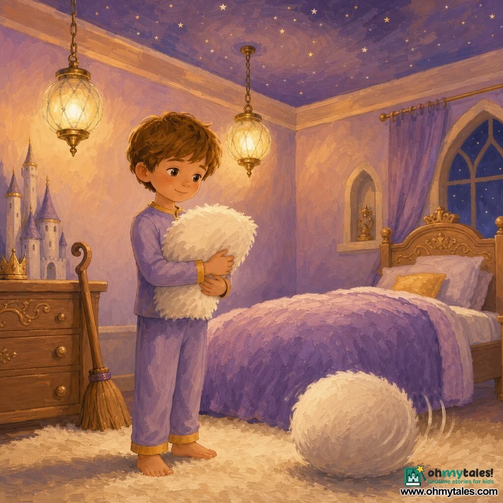 Milo is a serene 6-year-old boy with short light brown hair and hazel eyes, smiling as he holds a fluffy white pillow to his chest and carefully replaces it beside his bed; no other people are present, a rounded companion pillow rolls near the foot of the bed, a small wooden dustbrush leans against the dresser, and two glass lanterns hang from the ceiling casting soft amber light over a palace-like bedroom in lavender and honey tones with gradient pink-lavender walls, a dotted-star ceiling, a cream plush rug and a lavender pleated cover—a calm, pre-bedtime scene focused on Milo and the pillow, with slow, attentive gestures, visible textures and a warm, soothing palette with touches of gold.