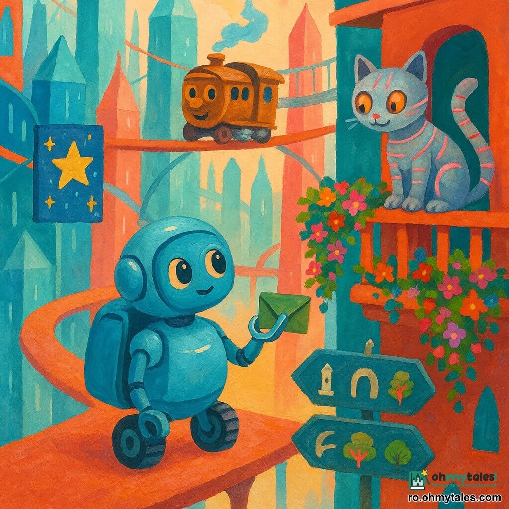 Un mic robot-curier tip „rucsac rulant”, cu forme rotunjite, caroserie albastru deschis lucioasă și roți moi, privește curios și uimit ținând delicat un mic plic verde sigilat; o pisică-mecanică cu blană argintie și dungi neon roz, cu ochi rotunzi luminoși, e așezată pe un balcon apropiat, privind șiret robotul cu coada încolăcită pe balustradă; un tren vorbitor în miniatură, cu caroserie cuprată și ferestre rotunde, staționează pe un pod suspendat din spate, scoțând un abur albastru și părând liniștitor, ca și cum i-ar sfătui pe roboțel; decorul e un oraș futurist din sticlă și metal, cu turnuri cristaline ce reflectă nuanțe turcoaz și coral, poduri suspendate ca nistre panglici, panouri luminoase în formă de stele și grădini suspendate cu flori căzătoare; situația surprinde roboțelul, în mijlocul unei intersecții aeriene scăldate într-o lumină blândă, ezitând între trei căi marcate prin simboluri (turn, tunel, grădină), momentul deciziei fiind redat în culori calde, contururi moi și o atmosferă misterioasă, binevoitoare.