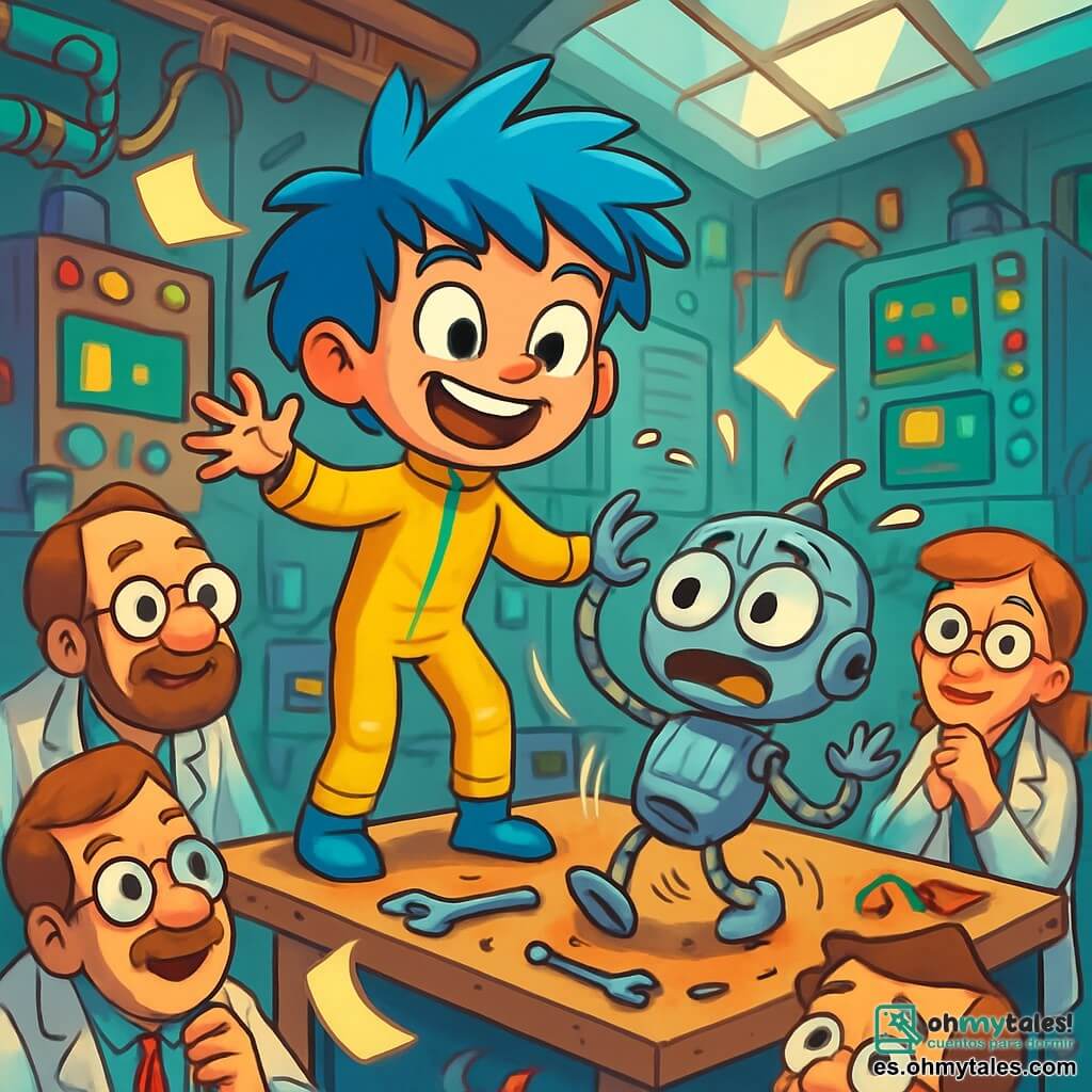 Un joven llamado Pixel Veloz, con cabello azul eléctrico desordenado y una gran sonrisa alegre, está de pie sobre una mesa en un taller lleno de gadgets. Lleva un mono amarillo brillante con rayas verdes que brillan, y sus ojos destellan de emoción. A su lado, un robot plateado llamado Robi-Risitas, con grandes ojos redondos y una expresión preocupada, da vueltas, agitando sus brazos mecánicos. El taller es un lugar caótico, con herramientas esparcidas, papeles flotantes y máquinas de colores que parpadean, todo bajo un techo de vidrio que deja pasar la luz del sol. La escena principal muestra a Pixel intentando ayudar a Robi a controlar sus bromas incontrolables, mientras científicos, hombres y mujeres de mediana edad, están agachados alrededor, mirando con curiosidad y diversión.