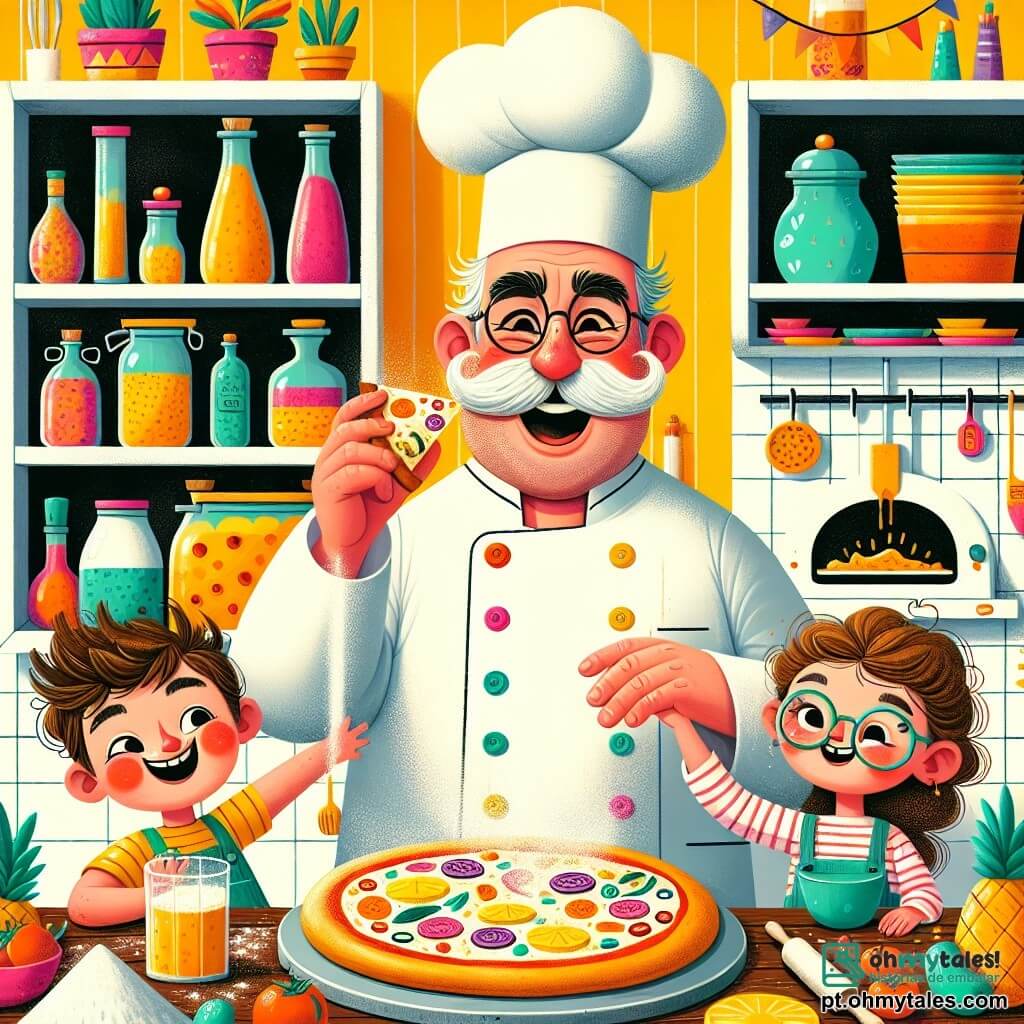 O chefe João é um homem jovial na casa dos cinquenta anos, com um grande bigode branco e um chapéu de chef alto na cabeça. Ele usa um paletó de cozinha branco com botões coloridos e um avental listrado, sorrindo amplamente enquanto mostra uma pizza colorida que acabou de tirar do forno. Ao seu lado, Luísa, uma menina de 8 anos com cabelos cacheados e óculos redondos, está polvilhando farinha sobre a mesa, com os olhos brilhando de excitação. Pedro, um menino de 9 anos com cabelos castanhos bagunçados, está logo atrás dela, segurando um pedaço de abacaxi e rindo, pronto para colocá-lo na pizza. A cena acontece em uma cozinha iluminada e animada, com paredes pintadas de amarelo e prateleiras cheias de potes de especiarias coloridas. Legumes frescos e ingredientes estão espalhados sobre a bancada de madeira, e um grande forno de metal brilha ao fundo. A situação principal mostra o chefe João e as crianças preparando pizzas juntos, cheios de alegria e criatividade, enquanto um delicioso aroma sai do forno, prometendo um banquete saboroso.