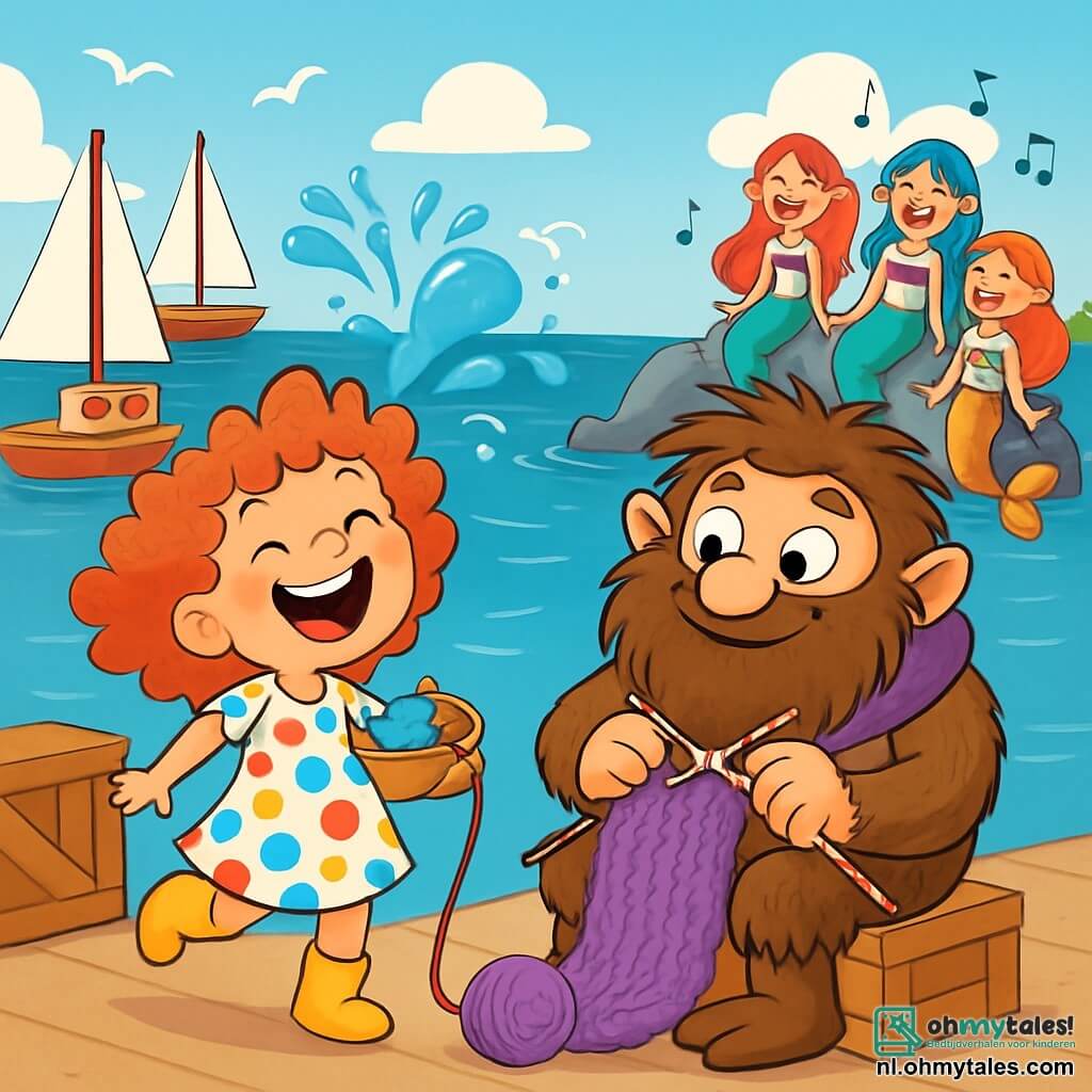 Een 6-jarig meisje genaamd Roosje, met vrolijke rode krullen en ondeugende ogen, lacht terwijl ze danst op de kade van de marina. Ze draagt een gekleurde stippenjurk en gele rubberen laarzen, en houdt een kleine bol wol vast. Naast haar zit een vriendelijke troll met een grote, ruige baard en een paarse sjaal, die een grote sjaal breit en glimlacht met grote, nieuwsgierige ogen. Op de achtergrond zingen drie zeemeerminnen met glanzend haar en glinsterende staarten komisch, zittend op rotsen, met ondeugende glimlachen. De locatie is een levendige marina, met kleurrijke boten op het water, meeuwen die in de blauwe lucht vliegen, en houten kisten verspreid over de kade. Roosje lacht uitbundig, omringd door haar nieuwe vrienden, terwijl een waterbel van de zeemeerminnen omhoog komt, wat een vrolijke en magische sfeer creëert.