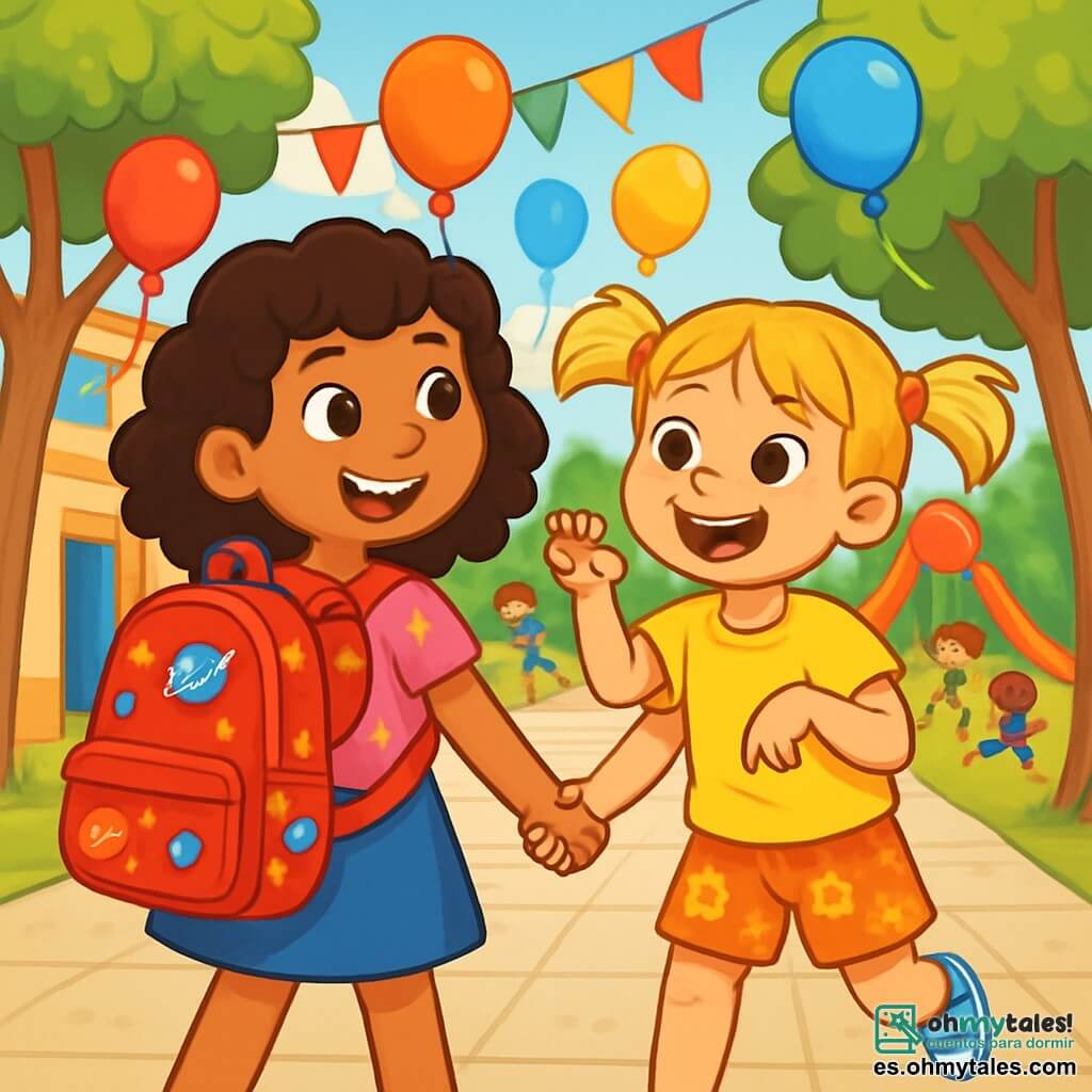 Hay 2 personajes principales: - Sara: una niña de 8 años con cabello castaño y rizado, lleva una camiseta rosa con estrellas y una falda de mezclilla. Sostiene una gran mochila roja decorada con dibujos de planetas y sonríe con entusiasmo. - Martina: una niña de 8 años con cabello rubio en dos coletas, vestida con una camiseta amarilla y un short de flores. Está haciendo un gesto divertido, imitando a un perro, con una gran sonrisa en el rostro. Las dos niñas están en un patio escolar soleado, rodeadas de grandes árboles de hojas verdes brillantes y juegos coloridos. El suelo está cubierto de losas de concreto, y se pueden ver otros niños jugando a lo lejos, riendo y corriendo. La situación principal muestra a Sara y Martina, de la mano, listas para entrar en su nueva clase, con rostros radiantes de emoción y curiosidad. Globos y decoraciones festivas flotan a su alrededor, simbolizando el comienzo de una nueva aventura escolar.