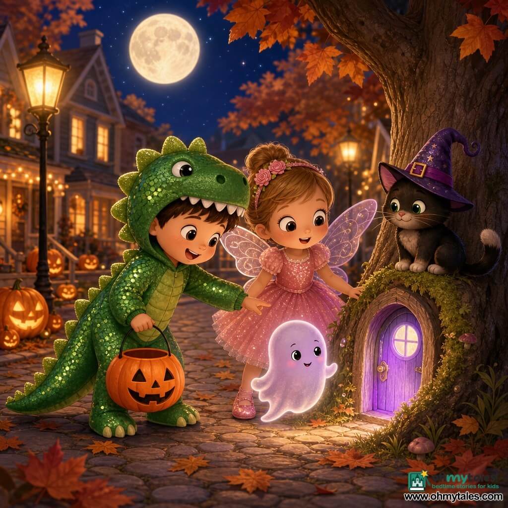 Four-year-old Max, smiling and brave in a shiny green dinosaur costume with a padded tail and toothy hood, holds an orange pumpkin bucket and reaches toward a small glowing door in the grass; about four-year-old Lily, dressed as a pink sparkling fairy with translucent wings and glitter shoes, stands to his right holding his hand and gazing at the magical door with wonder; a small blackish-brown cat named Shadow wears a tiny purple witch hat and perches on the grassy door, purring; a cute translucent pale violet ghost floats shyly above the ground between Max and the door; the scene is an autumn cobblestone street under a full moon with scattered orange and red leaves, carved pumpkins on porches, and a large oak with a pumpkin-shaped door set into the lawn emitting a twinkling violet light as the children and cat join hands and say the magic word to help the little ghost inside, creating a warm, softly lit moment.