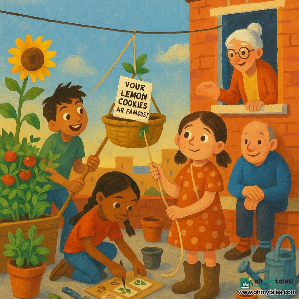 An 8-year-old girl, Mina, round-faced with freckles and a shy proud smile, holds the rope of a small hanging basket while a ~9-year-old boy, Leo, tousled-haired and enthusiastic, guides it with a bamboo pole; another ~9-year-old girl, Priya, with braided hair kneels by a bucket gluing seed packets to cardboard, Mr. Lint, about 60, stands on the roof holding the rope end with mismatched socks visible, and Mrs. Crumble, about 75, leans out her second-floor window to take the basket, all on a rooftop garden of wooden planters of tomatoes and mint, a leaning sunflower, a clothesline, pots, a low brick wall and garden tools, as the basket slides along a line bearing a handwritten sign "YOUR LEMON COOKIES ARE FAMOUS!" with a mint sprig, bathed in warm late-afternoon light, painted in bright acrylic tones with visible brush textures and a composition centered on the basket's movement.