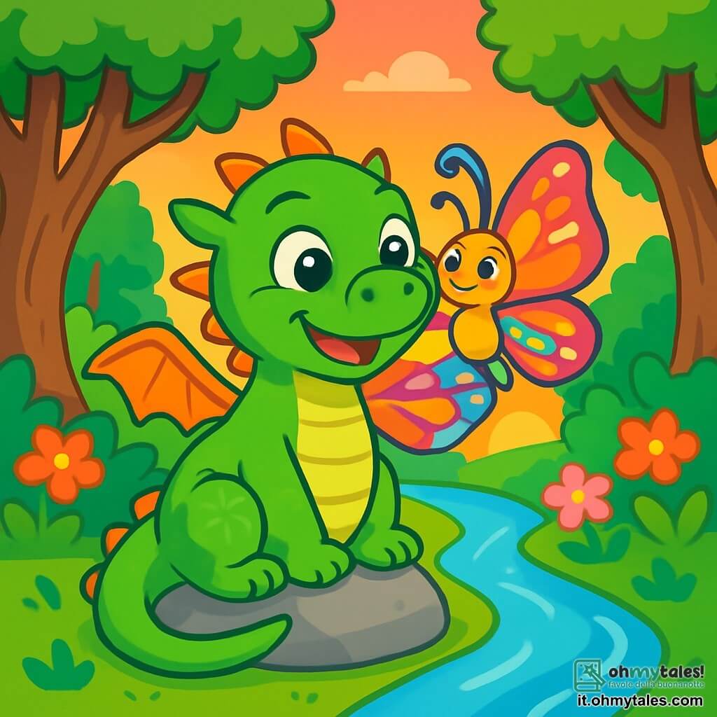 Un piccolo drago di nome Fiammetta, con scaglie verdi brillanti e grandi occhi pieni di curiosità, è seduto accanto a un ruscello. Sorride gioiosamente e mostra un'espressione di eccitazione. La sua lunga coda si avvolge attorno a una pietra liscia. Accanto a lei, una delicata farfalla di nome Luce, con ali multicolori dai motivi vivaci, vola felice e si posa sulla spalla di Fiammetta, condividendo un momento di complicità. Il paesaggio è un incantevole boschetto, con alberi dai tronchi nodosi e fiori dai colori vivaci. Il sole tramonta all'orizzonte, tingendo il cielo di arancione e rosa, mentre il ruscello scintilla sotto gli ultimi raggi di luce. La scena mostra Fiammetta e Luce che condividono storie e ridono insieme, in attesa di rompere il digiuno, circondate dalla bellezza pacifica della natura.