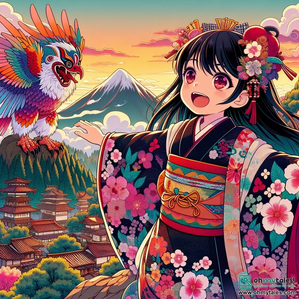 A young girl named Yuki, about 10 years old, stands atop a majestic mountain. She has shiny black hair flowing gently in the wind, and her eyes sparkle with excitement and curiosity. She wears a traditional kimono with cherry blossom patterns, and her face radiates joy as she admires the landscape. Next to her, a Tengu, a legendary creature with a long nose and colorful wings, perches on a tree branch. He has a mischievous smile and watches Yuki with amusement, his shimmering feathers glinting in the setting sun. The mountain peak is surrounded by light clouds, offering a panoramic view of a picturesque village below, where houses are adorned with red-tiled roofs. The sky is painted with warm colors, ranging from orange to pink, as the sun sets on the horizon. The main scene shows Yuki, arms raised in triumph, having just met the Tengu and preparing to take on a challenge. The atmosphere is filled with energy and adventure, capturing the spirit of a magical quest in the heart of Japan.