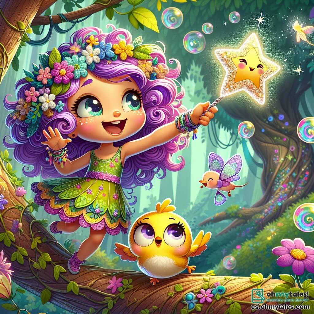 Lila, una pequeña duendecilla con cabello rizado y violeta, lleva un vestido verde adornado con flores de colores. Tiene una gran sonrisa en su rostro, los ojos brillando de emoción, agitando una bonita varita mágica estrellada que emite chispas. Junto a ella, Tom, un pequeño pájaro amarillo con un vientre redondo y alas brillantes, vuela alegremente haciendo piruetas, con una expresión llena de travesura y felicidad. Está posado en una rama de árbol, observando a Lila con diversión. El escenario es un bosque encantado, donde los árboles son altos y majestuosos, sus hojas brillan como gemas bajo el sol. Las flores bailan al ritmo del viento, y burbujas de colores flotan en el aire, creando un ambiente mágico y alegre. La situación principal muestra a Lila intentando hacer aparecer un pastel con su varita, pero en su lugar, una multitud de burbujas brillantes escapan, llenando el aire de colores vivos y risas.