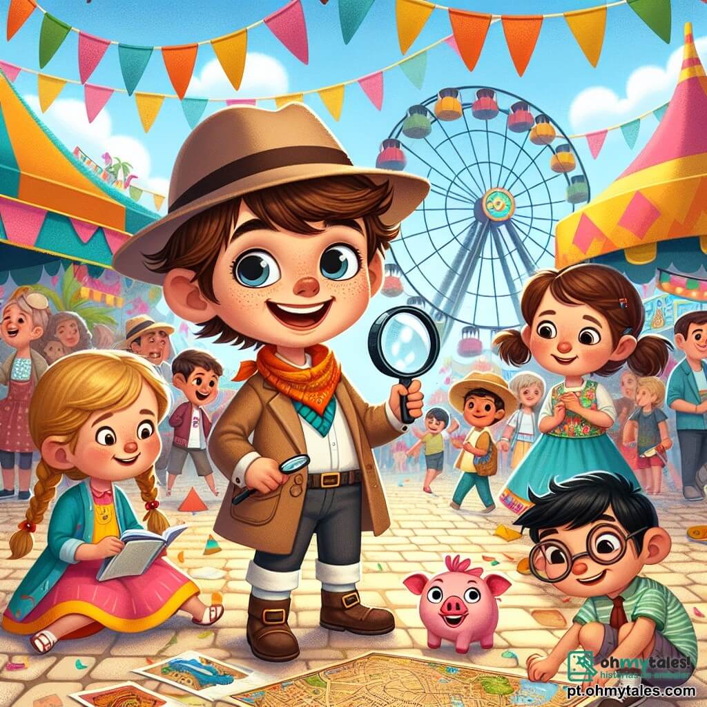 Um garoto de 8 anos, Lucas, está no centro da imagem, com um grande sorriso no rosto e olhos brilhantes de excitação. Ele usa um chapéu de detetive marrom, uma lupa em uma mão e um caderno na outra, com cabelos castanhos bagunçados. Ao seu lado, Ana, uma menina de 7 anos com cabelos loiros trançados e um vestido colorido, observa curiosa um porquinho de papel que acabou de encontrar. Um pouco mais adiante, Pedro, um garoto de 8 anos com cabelos negros e óculos redondos, está agachado, examinando um mapa do tesouro com um olhar concentrado. A cena acontece em uma charmosa praça de carnaval, decorada com bandeirinhas coloridas, balões flutuantes e uma roda-gigante ao fundo. Crianças riem e dançam ao redor, enquanto os pais aproveitam a festa. Lucas, Ana e Pedro estão em uma caça ao tesouro, buscando pistas para resolver um mistério. Eles acabaram de descobrir uma primeira pista pendurada em uma árvore, e a excitação é palpável enquanto se preparam para decifrar a enigma juntos.