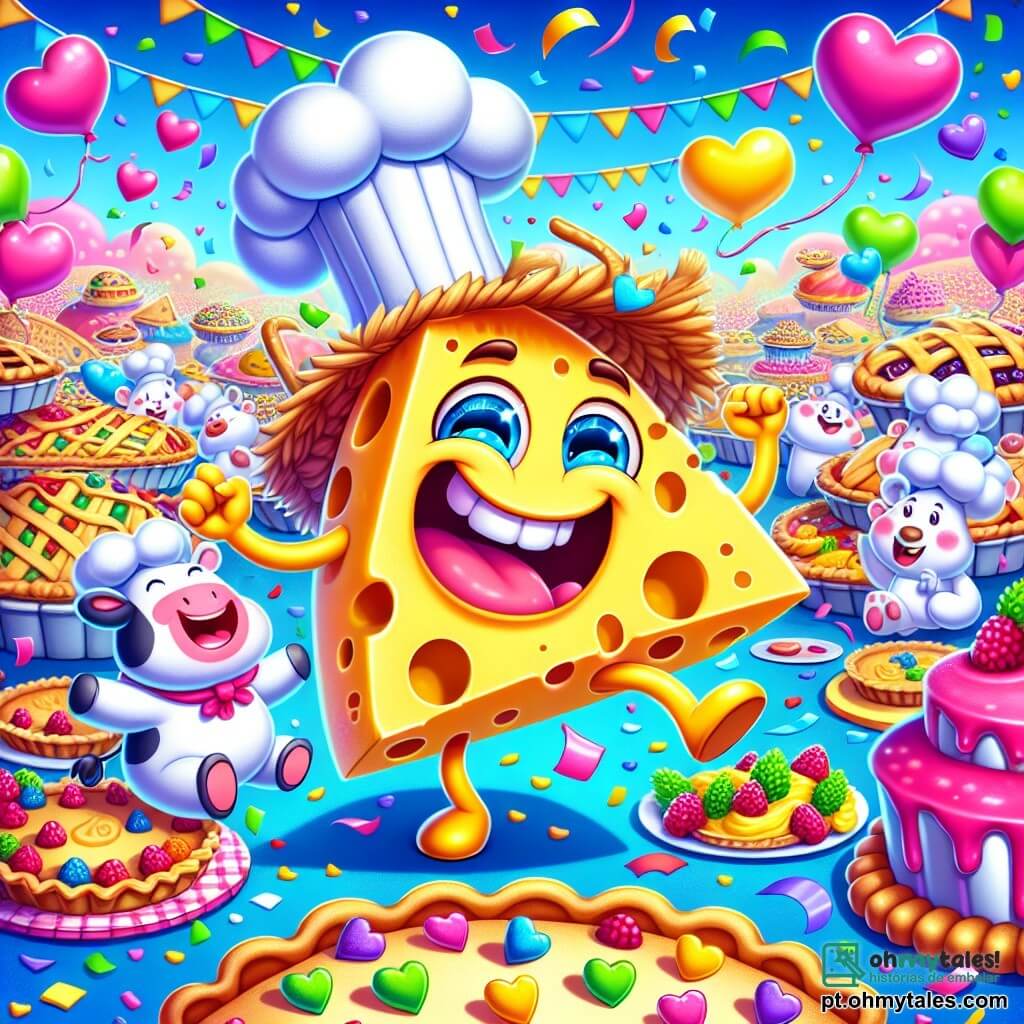 Gorgonzola, um queijo antropomórfico sorridente, usa um chapéu de palha torcido e dança alegremente no meio de um banquete de tortas coloridas. Seus olhos brilham de alegria e ele está cercado de confetes em forma de corações. Ao seu lado, Glorinha, uma vaca com asas de papel colorido, ri alto, suas grandes orelhas caindo sobre suas bochechas rosas, enquanto tenta não cair em uma enorme torta de framboesa. Ao fundo, um grupo de ursos polares alegres, vestidos com chapéus de chef, se dedica a decorar tortas gigantes, seus rostos radiantes de felicidade. O local é um mundo fantástico feito de gelatina multicolorida, onde as árvores são de doces e o céu é de um azul vibrante, salpicado de nuvens de marshmallow. A cena principal mostra Gorgonzola e Glorinha dançando ao redor de uma torta dançante, criando uma atmosfera festiva e divertida, cheia de risos e cores.