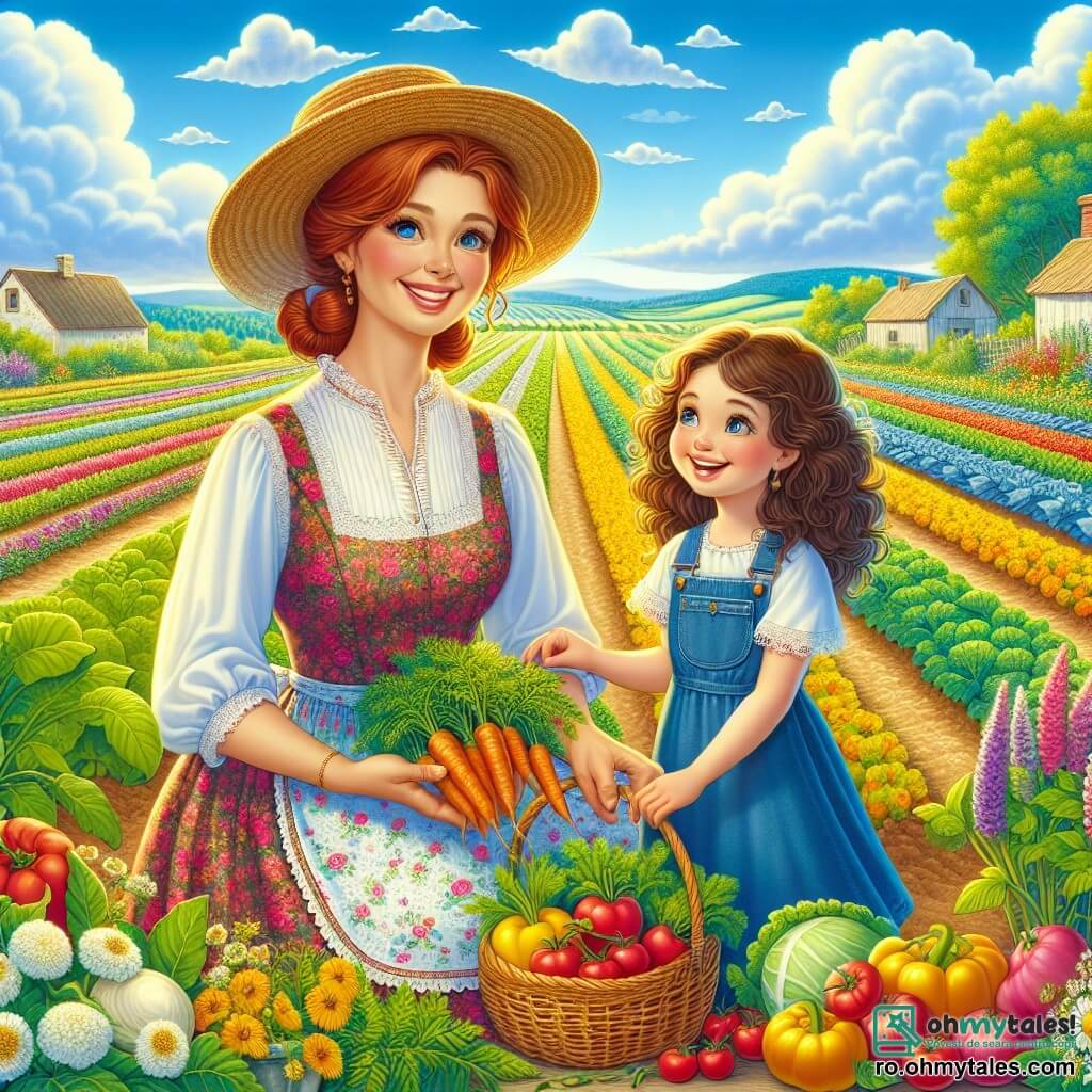 Tanti Valeria, o femeie de vârstă mijlocie cu părul castaniu prins în coc, poartă o rochie largă cu flori și o pălărie de paie. Zâmbește cu mândrie, cu ochii strălucind, ținând în mână o morcov proaspăt cules și în cealaltă o mică lopată. Lângă ea, Mara, o fetiță de aproximativ 8 ani cu părul creț și o salopetă din denim, privește cu uimire legumele colorate din grădină, ținând un mic coș din nuiele plin cu ridichi și roșii. Scena are loc într-o fermă însorită, înconjurată de câmpuri verzi și flori sălbatice, cu rânduri de legume colorate întinzându-se la nesfârșit sub un cer albastru cu nori albi pufoși. Tanti Valeria și Mara culeg legume din grădină, împărtășind un moment vesel și complice, înconjurate de frumusețea naturii.