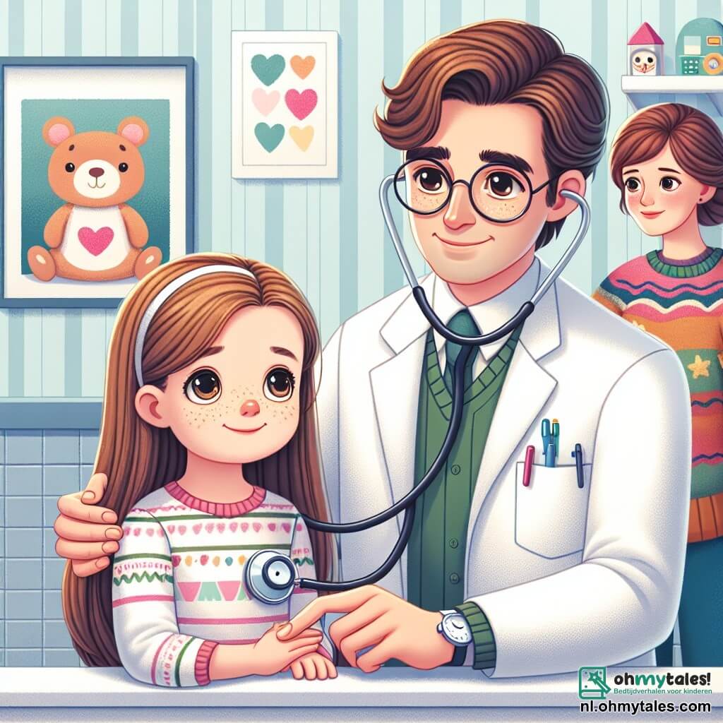 Een mannelijke arts, genaamd Dokter Sam, glimlachend en vriendelijk, draagt een witte doktersjas en een stethoscoop om zijn nek. Hij heeft bruin haar en ronde brillen, en hij luistert naar het hart van een klein meisje met een geconcentreerde en geruststellende uitdrukking. Het kleine meisje, Mia, ongeveer 6 jaar oud, heeft lang blond haar en sprankelende ogen. Ze zit op een onderzoekstafel, houdt de hand van haar moeder vast, met een lichte glimlach op haar gezicht, wat aangeeft dat ze zich iets beter voelt. Mias moeder, een vrouw van ongeveer dertig, heeft kastanjebruin haar en draagt een kleurrijke trui. Ze staat naast Mia en kijkt naar Dokter Sam met een uitdrukking van dankbaarheid en hoop. De scène speelt zich af in een lichte onderzoekskamer van een ziekenhuis, met lichtblauwe muren, posters van dierenillustraties en kleurrijke speelgoed verspreid over een plank. De belangrijkste situatie toont Dokter Sam die naar het hart van Mia luistert met zijn stethoscoop, terwijl zij verlegen glimlacht en haar moeder aan haar zijde staat, vol hoop.