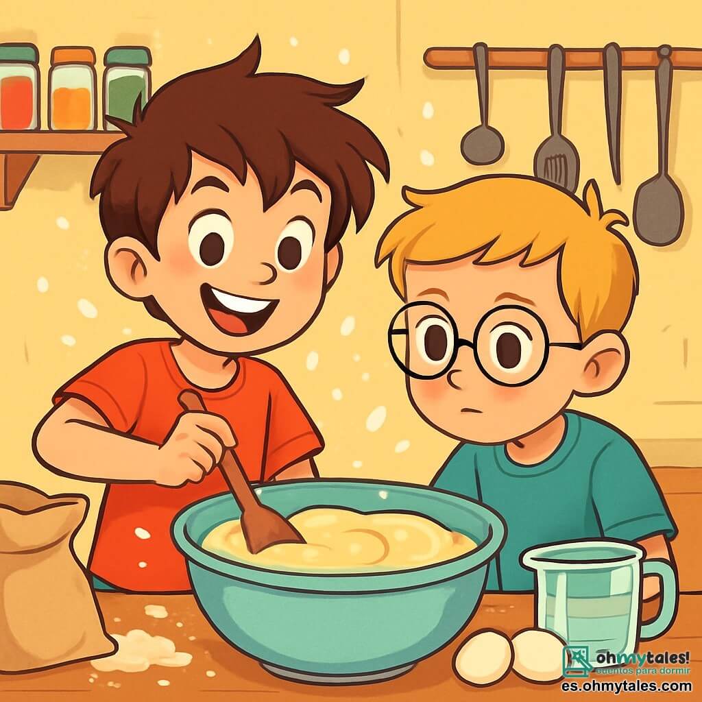 Un niño de 10 años, llamado Diego, con cabello castaño desordenado y ojos brillantes de curiosidad, está frente a un gran bol de masa para pastel. Tiene una sonrisa radiante y mejillas ligeramente sonrojadas, mostrando su entusiasmo. A su lado, Tomás, un niño de 10 años con cabello rubio y gafas redondas, observa atentamente la masa, con una expresión de concentración en su rostro. Están en una cocina acogedora, con paredes pintadas de amarillo pastel, estanterías llenas de tarros de especias coloridos y utensilios de cocina colgando del techo. La escena principal muestra a Diego y Tomás mezclando alegremente la masa, con salpicaduras de harina flotando a su alrededor, creando una atmósfera lúdica y mágica.