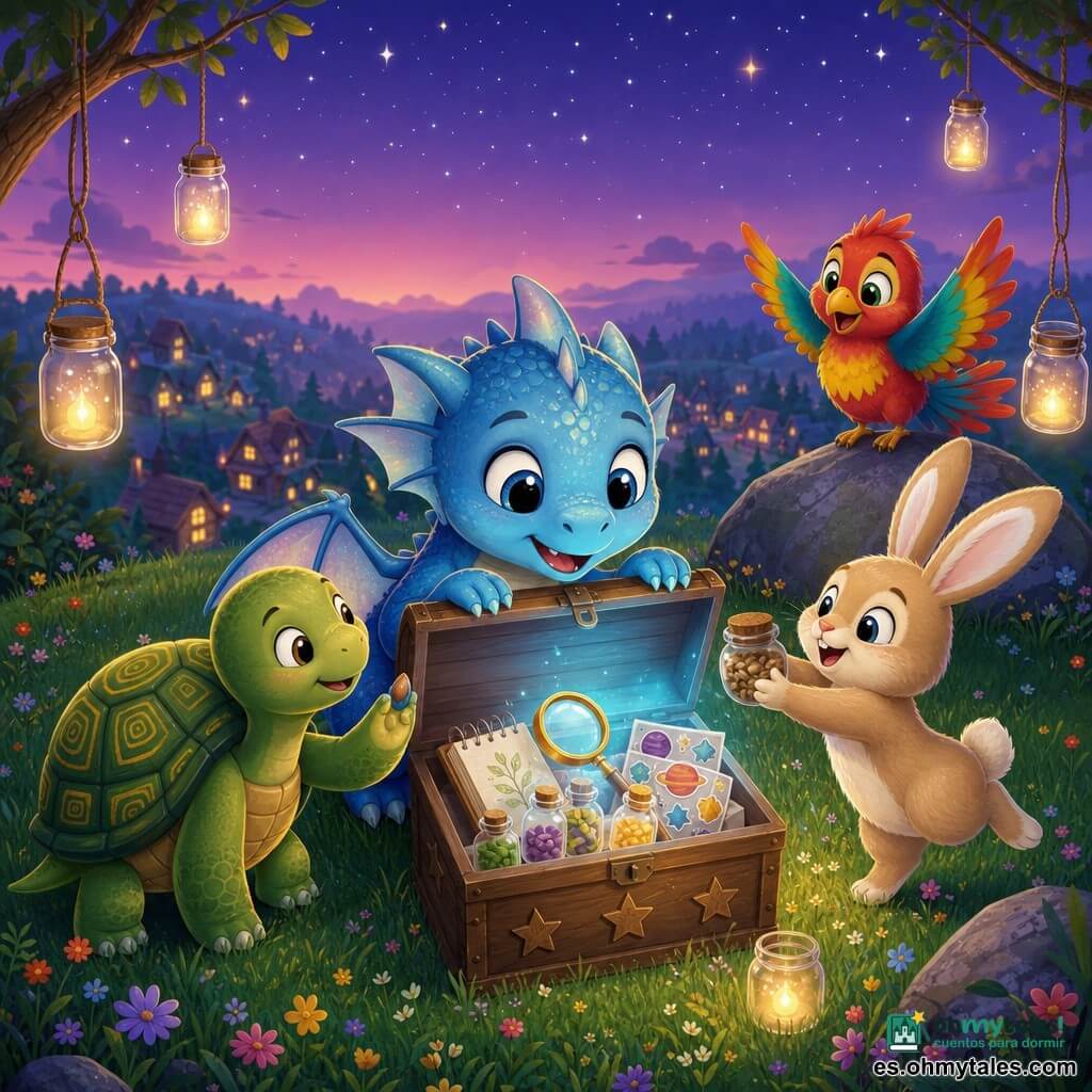 Luma, un pequeño dragón de escamas azul nacarado y ojos grandes, sonríe maravillado al abrir un cofre de madera con estrellas talladas del que sale un tenue resplandor azul; a la izquierda, Nora, una tortuga de caparazón verde con motivos amarillos, observa pacientemente; detrás, Pico, un pájaro multicolor (rojo, amarillo, turquesa) se posa en una piedra, emocionado; a la derecha, Mimo, un conejo pequeño de orejas largas y pelaje beige, salta ofreciendo un bote de semillas. La escena transcurre en la cima de una colina herbosa al crepúsculo, con flores silvestres, farolillos en tarros y un pueblo de cabañas al fondo bajo un cielo violeta estrellado. Los amigos abren juntos el "tesoro escondido" y descubren objetos infantiles de exploración — cuaderno de páginas en blanco, lupa, frascos de semillas de colores y pegatinas de planetas — que emiten una luz cálida; ambiente alegre de descubrimiento.