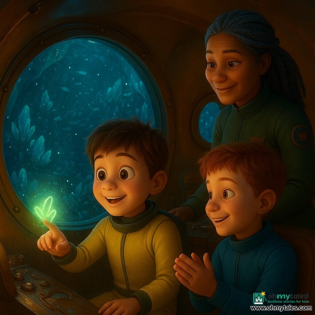A 10-year-old boy with a round face, messy brown hair and wide amazed eyes in a light yellow wetsuit reaches to touch a small beam of green light on a cave wall; his friend, also about 10, with red hair and freckles and a mischievous smile in a blue wetsuit sits by a porthole applauding, while a kindly female captain of about 40 with gray-blue braided hair and a kaki wetsuit with insignia stands by the controls; inside the warm, rounded interior of a small polished-metal submarine with large round portholes, a vast underwater cave beyond is carpeted with blue-green crystals, turquoise glowing algae and schools of silver fish and shrimp; a magical calm moment as the crystals pulse in color where the boy touches them, faces lit by the glow, centered on the touching hand, rendered in a 3D animated film style with saturated-but-soft colors, cinematic lighting, friendly rounded forms and crisp details on expressions, suits and crystals.