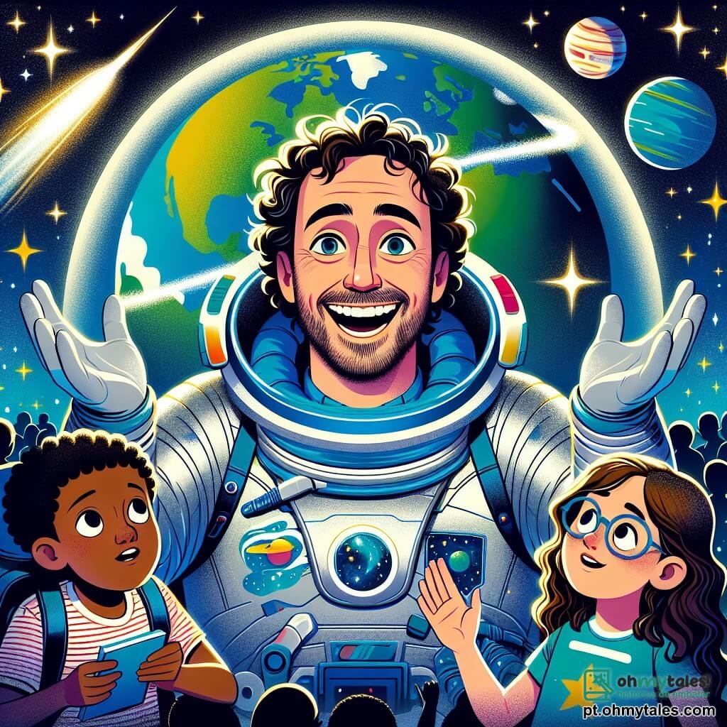 Um homem, o Capitão Luís, sorridente e entusiasmado, veste um brilhante traje espacial prateado com detalhes azuis. Seus olhos brilham de empolgação enquanto flutua no espaço, cercado por estrelas cintilantes e planetas coloridos. Ao seu lado, uma menina de 10 anos, Ana, com cabelos castanhos e cacheados, observa com admiração, os olhos bem abertos, segurando um pequeno caderno de anotações. Um garoto de 10 anos, Pedro, com óculos e cabelos loiros, está um pouco atrás, levantando a mão para fazer uma pergunta, seu rosto radiante de curiosidade. A cena acontece na imensidão do cosmos, onde a Terra aparece como uma linda esfera azul e verde, cercada por nuvens brancas. Estrelas brilhantes e cometas em movimento acrescentam magia ao ambiente. A situação principal mostra o Capitão Luís compartilhando suas aventuras espaciais com as crianças, flutuando alegremente no espaço enquanto explica a beleza e os mistérios do universo que os rodeia.