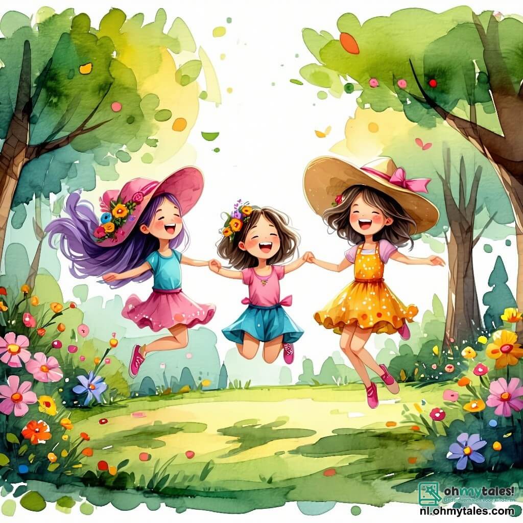 Vier blije vriendinnen bevinden zich in een zonnig park, omringd door kleurrijke bomen en stralende bloemen. Lila, een 8-jarig meisje met lange paarse haren, springt hoog in de lucht op een trampoline met een glimlach. Noor, een 9-jarig meisje met een grote vrolijke bloemenhoed, staat naast Lila, lacht en steekt haar armen in de lucht. Sara, ook 8 jaar, heeft een klein paar scheve brillen en probeert een salto te maken achter Lila met een grappige uitdrukking. Emma, een 9-jarig meisje met een sprankelende uitstraling, springt op de trampoline, vol opwinding. Het park is gevuld met gelach en kleuren, met een heldere blauwe lucht en donzige wolken. De scène toont de vier vriendinnen die samen springen, vol vreugde en avontuur.
