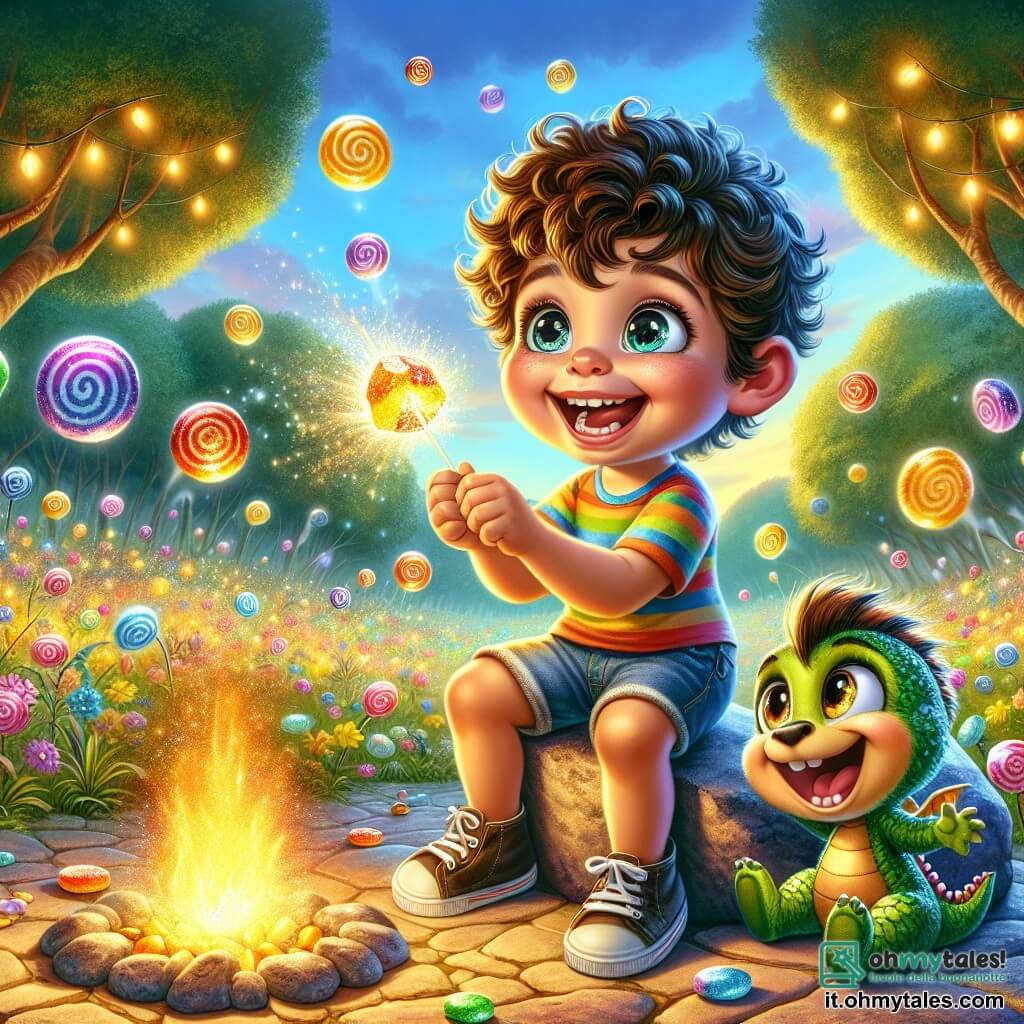 Un ragazzo di 4 anni di nome Leo, con capelli ricci e occhi scintillanti di gioia, sorride ampiamente mentre tiene una caramella luccicante tra le sue piccole mani. Indossa una maglietta a righe colorate e un pantaloncino di jeans, ed è seduto su una roccia, circondato da caramelle danzanti. Accanto a lui, un orso di peluche di nome Orso Pancione, con pelliccia marrone e pancia paffuta, ride cercando di afferrare una caramella che volteggia nell'aria. Puffo, un piccolo drago dalle squame verdi e occhi brillanti, è seduto davanti a loro, emettendo una piccola fiamma gioiosa per accendere un grande falò. La scena si svolge in una radura incantata, piena di alberi dai tronchi colorati e fiori che danzano al ritmo della musica. Il cielo è di un blu splendente, punteggiato di nuvole a forma di volti divertenti. Leo, Orso Pancione e Puffo stanno celebrando il successo di accendere il falò con una caramella magica, ridendo e ballando attorno alle fiamme scintillanti che illuminano la notte stellata.