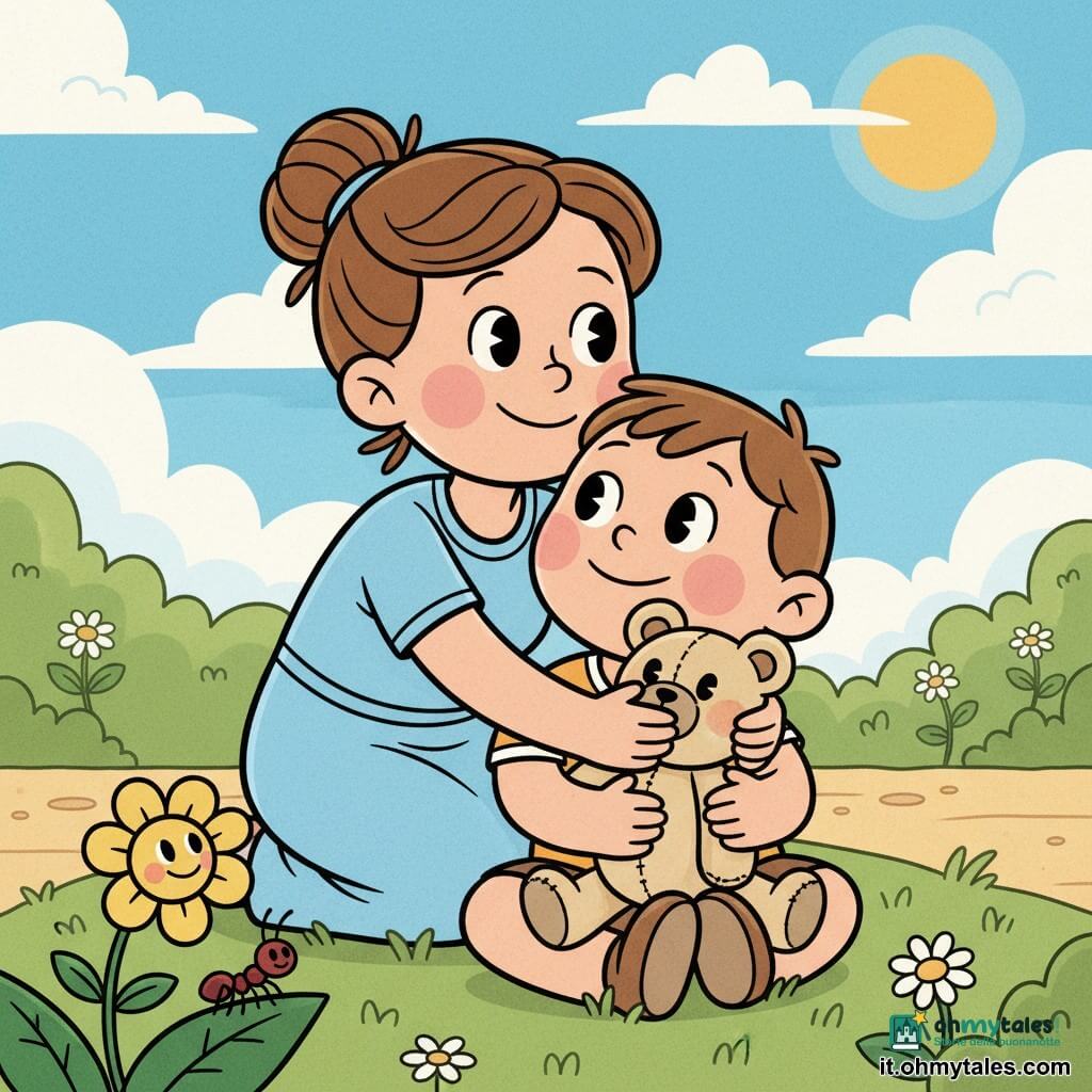 Un bambino di 2 anni, Lino, viso rotondo, grandi guance rosa, occhi lucenti e sorriso curioso, è seduto sull'erba tenendo il suo orsacchiotto beige, aria meravigliata e serena; la mamma, circa 30 anni, capelli castani raccolti in chignon e abito semplice azzurro, è inginocchiata dietro di lui ad abbracciarlo con sorriso e sguardo tenero; l'orsacchiotto è morbido e consumato con occhi cuciti neri; in primo piano a sinistra una piccola fiore giallo con faccina sorridente, vicino una minuscola formica rosso scuro su una foglia; giardino soleggiato dai colori vividi, erba verde con qualche margherita, sentiero chiaro e cielo azzurro con nuvole soffici e sole dorato in alto a destra; scena centrata con Lino che guarda il cielo tenendo l'orsacchiotto mentre la mamma lo abbraccia, colori caldi, contorni arrotondati, atmosfera calma e rassicurante.