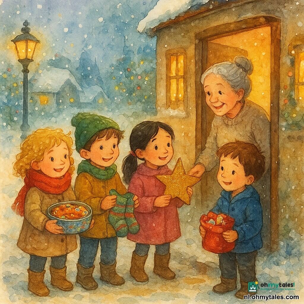 Er zijn 4 kinderen: Saar, een meisje van 6 jaar met blonde krullende haren onder een warme rode sjaal, houdt een doos met koekjes versierd met gekleurd glazuur vast. Mats, een jongen van 6 jaar met warrig bruin haar, draagt een groene muts en biedt een paar met de hand gebreide wollen sokken aan. Noor, een meisje van 6 jaar met zwart steil haar in een paardenstaart, houdt een kartonnen ster bedekt met gouden glitters vast. Levi, een jongen van 6 jaar met kort kastanjebruin haar, draagt een blauwe jas en houdt een zakje met in glanzend papier verpakte chocolaatjes vast. Ze staan samen voor de deur van een klein houten huis, lichtjes besneeuwd, met ramen verlicht door lichtslingers. De locatie is een charmant klein besneeuwd dorp, met daken bedekt met glinsterende sneeuw, oude lantaarnpalen die zacht licht verspreiden, en bomen versierd met veelkleurige lichtslingers. De hoofdscène toont de kinderen die een kerstmand aanbieden aan een oudere dame, mevrouw Van Dijk, die bij de deur van haar huis staat. Ze heeft grijs haar in een knot, draagt een wollen trui en een warme glimlach. De scène is gehuld in een gouden licht, wat een sfeer van warmte en vrijgevigheid creëert.