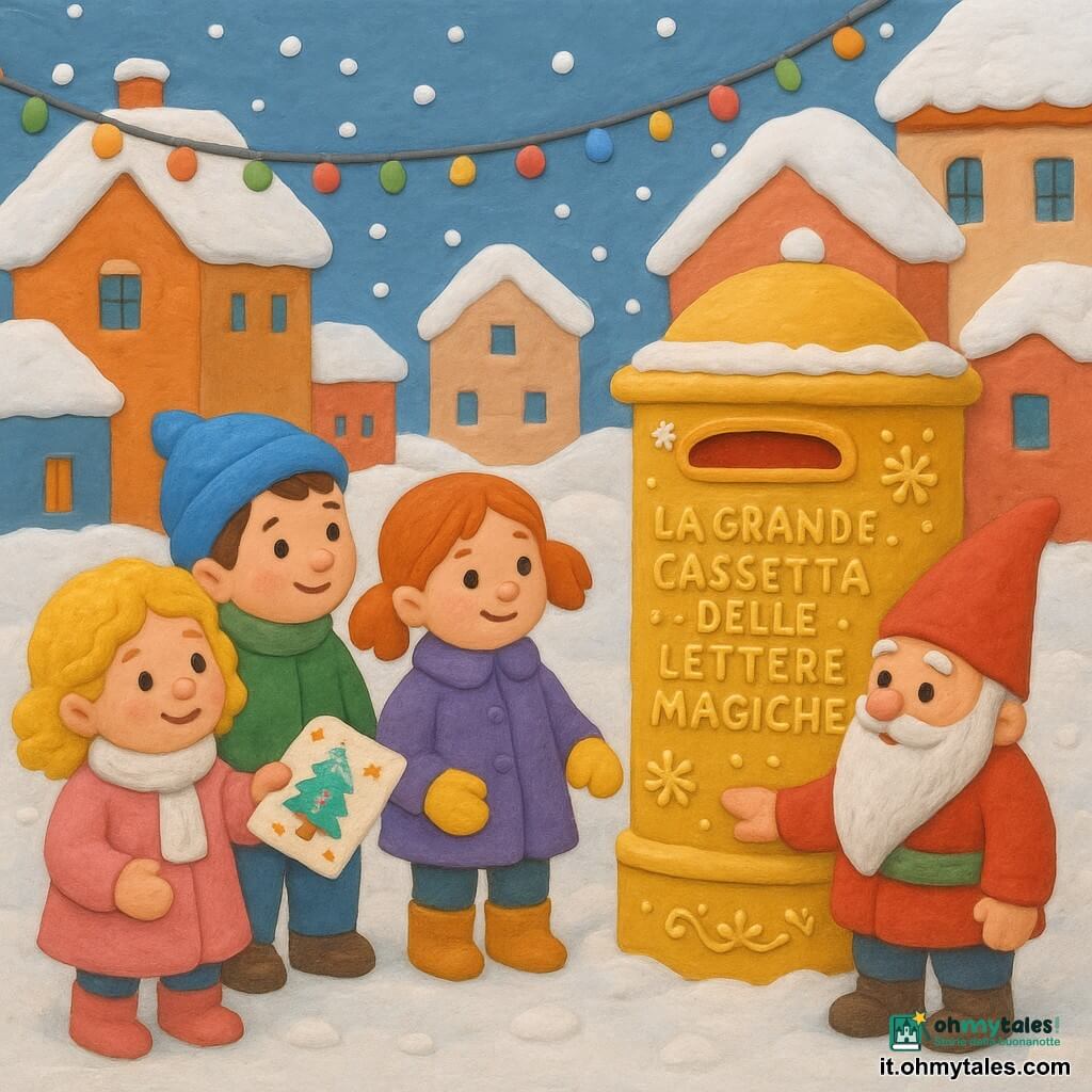 Ci sono 4 bambini: Sofia, una bambina di 3 anni con capelli biondi ricci, indossa un cappotto rosa e una sciarpa bianca, tiene una lettera colorata nelle mani. Luca, un bambino di 3 anni con capelli castani corti, indossa un berretto blu e un cappotto verde, sorride guardando Sofia. Mia, una bambina di 3 anni con capelli rossi legati in due codini, indossa un cappotto viola e guanti gialli, è accanto a Luca. Tommaso, un bambino di 3 anni con capelli neri e occhiali rotondi, indossa un cappotto rosso e una sciarpa verde, guarda la grande cassetta delle lettere con meraviglia. Si trovano nella piazza centrale del villaggio, circondata da case con tetti innevati e ghirlande luminose multicolori. La Grande Cassetta delle Lettere Magiche è al centro, imponente e decorata con motivi dorati e fiocchi di neve scintillanti. La scena principale mostra i bambini mentre consegnano la loro lettera a un piccolo gnomo di Natale, con un cappello rosso a punta e una lunga barba bianca, accanto alla cassetta delle lettere. Il suolo è coperto di neve fresca e fiocchi cadono dolcemente dal cielo, aggiungendo un tocco di magia invernale all'insieme.
