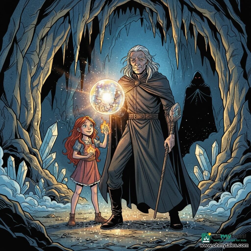 An older but energetic man, Alaric, white streaked hair, star-bright eyes and a determined hopeful expression, holds a dark flowing cloak and a carved wand or staff in his right hand while his left rests near a large glowing crystal. A girl, Mira, about 16, with cascading red hair, a brave youthful face and a smiling, wonder-filled gaze stands to Alaric’s left, hands joined toward the crystal, wearing an apprentice’s dress with small orange magical flames dancing around her fingers. A threatening silhouette of the absent antagonist Varkon—dark coat and red eyes—lurks in the cave’s shadowed background. The scene is in the Caverns of Eternity: a vast underground chamber with walls studded in blue and gold crystals, jagged stalactites, a shimmer-speckled floor and low mist. Alaric and Mira together touch the “Heart of Lumen,” a clear iridescent crystal orb emitting warm gold and silver light with volumetric beams and floating sparkles; the mood is epic and comforting with strong contrast between the orb’s light and deep cave shadows. Graphic style: clean lines, saturated colors, high-contrast shading, very readable expressions, composition centered on the orb for strong visual impact.