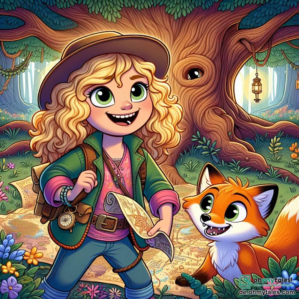 Lila, eine junge Entdeckerin mit lockigem, goldenem Haar, trägt eine farbenfrohe Jacke und einen Abenteurerhut. Sie lächelt breit, ihre Augen strahlen vor Aufregung, während sie eine alte Karte in den Händen hält, bereit, einen versteckten Schatz zu entdecken. An ihrer Seite ist Finn, ein kleiner schlauer Fuchs mit leuchtend orangefarbenem Fell und schelmischen Augen, der sie begeistert anfeuert. Sie stehen vor einem großen majestätischen Baum, dessen Äste sich wie schützende Arme ausbreiten und dessen Rinde ein freundliches Gesicht zu haben scheint. Der Boden ist mit bunten Blumen und grünen Blättern bedeckt, was eine magische Atmosphäre schafft. Die Hauptsituation zeigt Lila und Finn, die dabei sind, ein Rätsel zu lösen, umgeben von der Schönheit des geheimnisvollen Waldes, während sie sich auf den Weg zum Schatz machen.