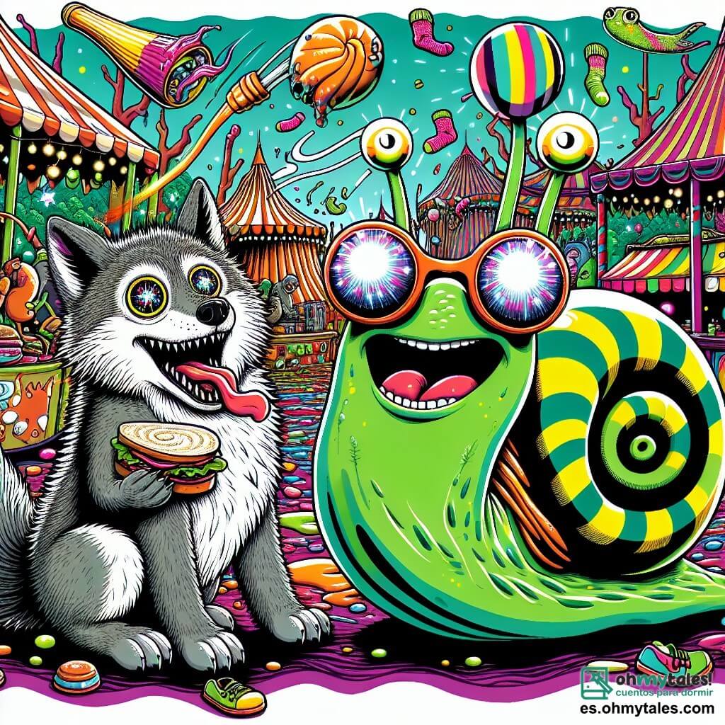 Un pequeño lobo de ojos brillantes y pelaje gris, con una cola desordenada, se encuentra en el centro de la escena, sonriendo ampliamente mientras sostiene un bocadillo flotante que brilla con colores vivos. A su lado, un caracol gigante de rayas verdes, con gafas de sol, exclama entusiasmado, sus antenas vibrantes mostrando su emoción. Al fondo, un mercado loco está lleno de puestos coloridos, con árboles de troncos en espiral y flores gigantes que bailan al ritmo de la música. El lobo y el caracol están rodeados de babosas voladoras con alas translúcidas que giran, mientras un dragón de escamas brillantes lanza calcetines de colores al aire, creando una atmósfera festiva y absurda.