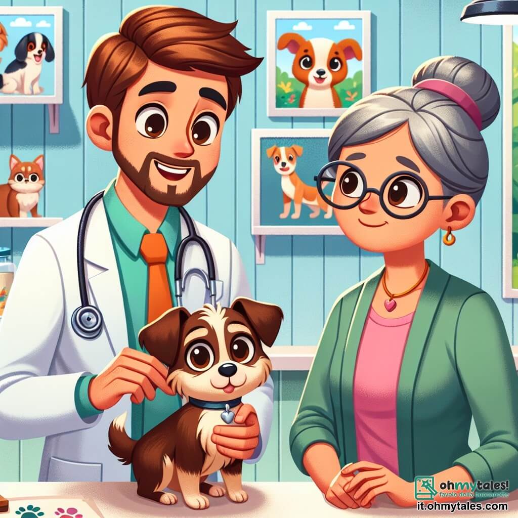 Il personaggio principale è il Dottor Marco, un uomo di circa trent'anni, con capelli castani e una barba ben curata. Indossa un camice bianco, uno stetoscopio al collo e un grande sorriso caloroso, mostrando il suo amore per gli animali. È accucciato, tenendo delicatamente un piccolo cagnolino marrone di nome Lillo, con occhi brillanti e un'aria curiosa. Accanto a lui c'è la signora Rosa, una donna di circa cinquant'anni, con capelli grigi raccolti e occhiali rotondi. Guarda il Dottor Marco con gratitudine, le mani sui fianchi, visibilmente sollevata che il suo cagnolino sia in buone mani. La scena si svolge in un ambulatorio veterinario luminoso e accogliente, con manifesti colorati di animali sulle pareti, giocattoli per animali sparsi e piante verdi che aggiungono vita allo spazio. La situazione principale mostra il Dottor Marco mentre cura Lillo, mettendogli una piccola benda sulla zampa ferita, mentre la signora Rosa osserva con un sorriso di sollievo, creando un'atmosfera di fiducia e benevolenza.