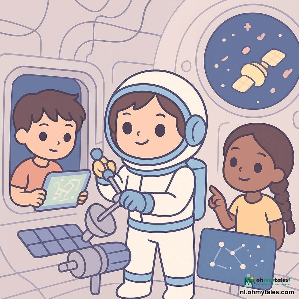 Een jonge vrouwelijke astronaut met rond gezicht en heldere ogen, vastberaden glimlachend in een witte ruimtepak met blauwe bies, stelt een gereedschap af aan een satellietantenne door een open laadluik; links staat Joris (±10) met warrig bruin haar geconcentreerd een verlichte tablet met schema's controlerend; rechts wijst Aisha (±10) met gevlochten haar nieuwsgierig naar een sterrenkaart op een holografisch scherm om de nieuwe baan aan te geven; instructrice mevrouw Van Dijk applaudisseert zacht in een grijze jas met centrumbadge; achtergrond: interieur van een gesimuleerd vaartuig met zachte metalen wanden, pastelkleurige LED-verlichting, ronde kabels en een groot rond luik met een gestileerde meteorietenregen en een te repareren verlicht satellite, spanning maar optimisme, pastelcontrasten (nachtblauw, bleekroze, zachtgeel), afgeronde silhouetten en eenvoudige lijnen, moedige warme sfeer.
