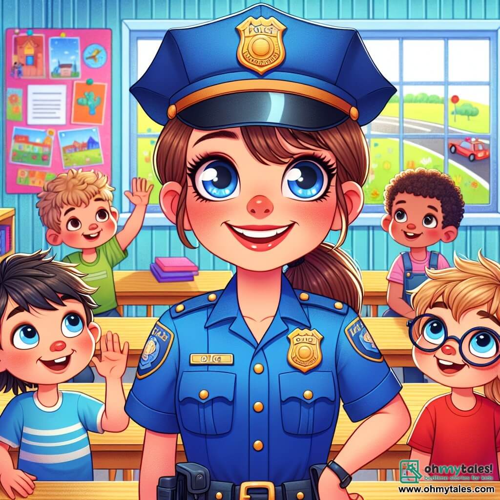 A smiling police officer, Officer Amy, is at the center of the image, wearing a bright blue uniform with a shiny badge on her chest. Her brown hair is tied back in a ponytail, and her eyes sparkle with joy as she talks to the children. Around her, an 8-year-old boy named Leo raises his hand enthusiastically, with messy blonde hair and a red t-shirt. Next to him, Olivia, an 8-year-old girl with round glasses and curly hair, listens attentively, her eyes wide with curiosity. The scene takes place in a bright classroom, with walls decorated with children's drawings and colorful posters about road safety. Wooden desks are arranged in a circle, and a large window lets in sunlight, illuminating the children's faces. Officer Amy passionately explains her job, gesturing with her hands to emphasize the importance of safety, while the children listen with admiration and curiosity.