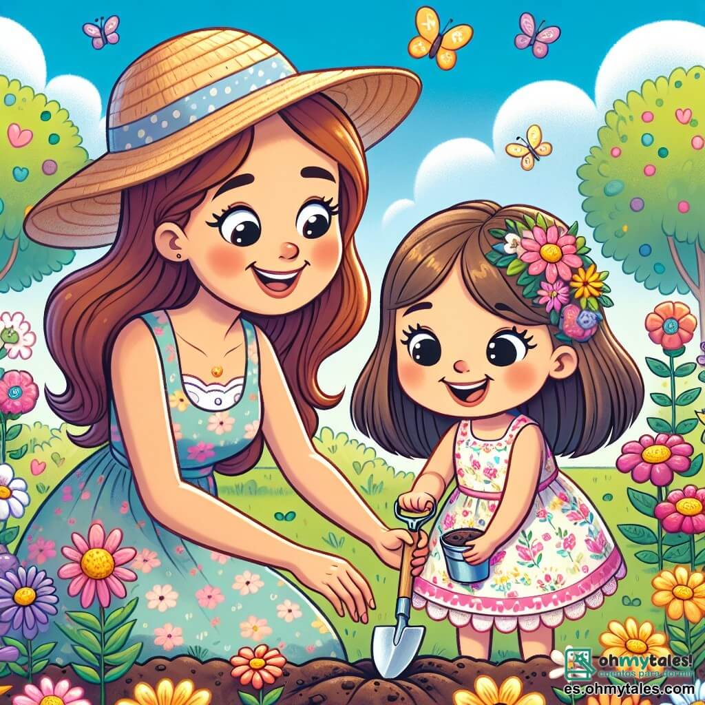 Una niña de 4 años, Lucía, con largos cabellos castaños y ojos llenos de alegría, está plantando semillas en un jardín colorido. Lleva un vestido ligero de flores y tiene una gran sonrisa en el rostro, mostrando su emoción por la primavera. A su lado, su mamá, una mujer de unos 30 años con cabello castaño y un sombrero de paja, la anima con una mirada cariñosa, sosteniendo una pequeña pala en la mano. El jardín está lleno de flores brillantes de todos los colores: rosas, amarillas y violetas, bajo un cielo azul claro con algunas nubes blancas. Mariposas vuelan alrededor de ellas, añadiendo magia al momento. Lucía, concentrada y feliz, coloca semillas en la tierra, soñando ya con las hermosas flores que pronto crecerán.