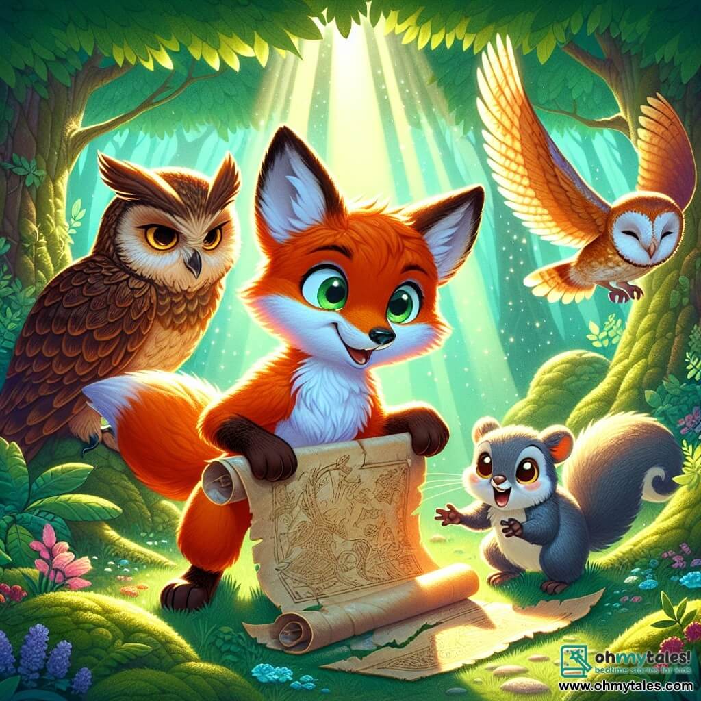 An illustration depicts a young fox with bright orange fur and a bushy tail, showing an expression of excitement and curiosity. It holds an unfolded old parchment in front of it, eyes sparkling with adventure. Beside it, a majestic owl with brown feathers and golden eyes gazes at the fox with a wise look, its wings slightly spread as if ready to take flight. A small gray squirrel with sparkling eyes joyfully hops around them, displaying great impatience and overflowing enthusiasm. The main setting is an enchanted clearing surrounded by majestic trees with vibrant green leaves, where rays of sunlight filter through the foliage, illuminating the ground scattered with colorful flowers and soft moss. The main scene shows the trio discovering an ancient treasure in the form of a map, symbolizing the start of a new adventure, with glimmers of light emanating from the parchment and sparkling crystals around them. Other graphic elements include wildflower patterns, shining crystals scattered on the ground, and a clear blue sky dotted with a few white clouds, creating a magical and joyful atmosphere.