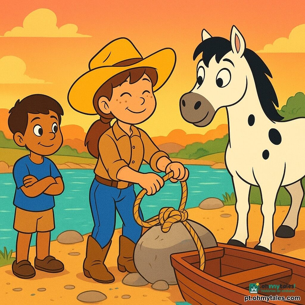 Uma jovem cowgirl corajosa e serena, sorrindo com manchas de sol nas bochechas, chapéu amarelo largo, jaqueta marrom claro e botas empoeiradas, prende uma corda a uma grande pedra na margem do rio; ao lado esquerdo, o menino João, cerca de 8 anos, cabelo castanho curto e camiseta azul, observa admirado com as mãos cruzadas perto da barca; à direita, o cavalo Bolinha, branco com manchas pretas e rabo em movimento, inclina o focinho para ela; rio azul-esverdeado brilhante com margens de areia e pedras, algumas plantas altas, e um pôr do sol laranja-rosa com nuvens suaves; cena acolhedora e segura, centrada no trio, cores quentes, traços nítidos e formas simples para crianças pequenas.