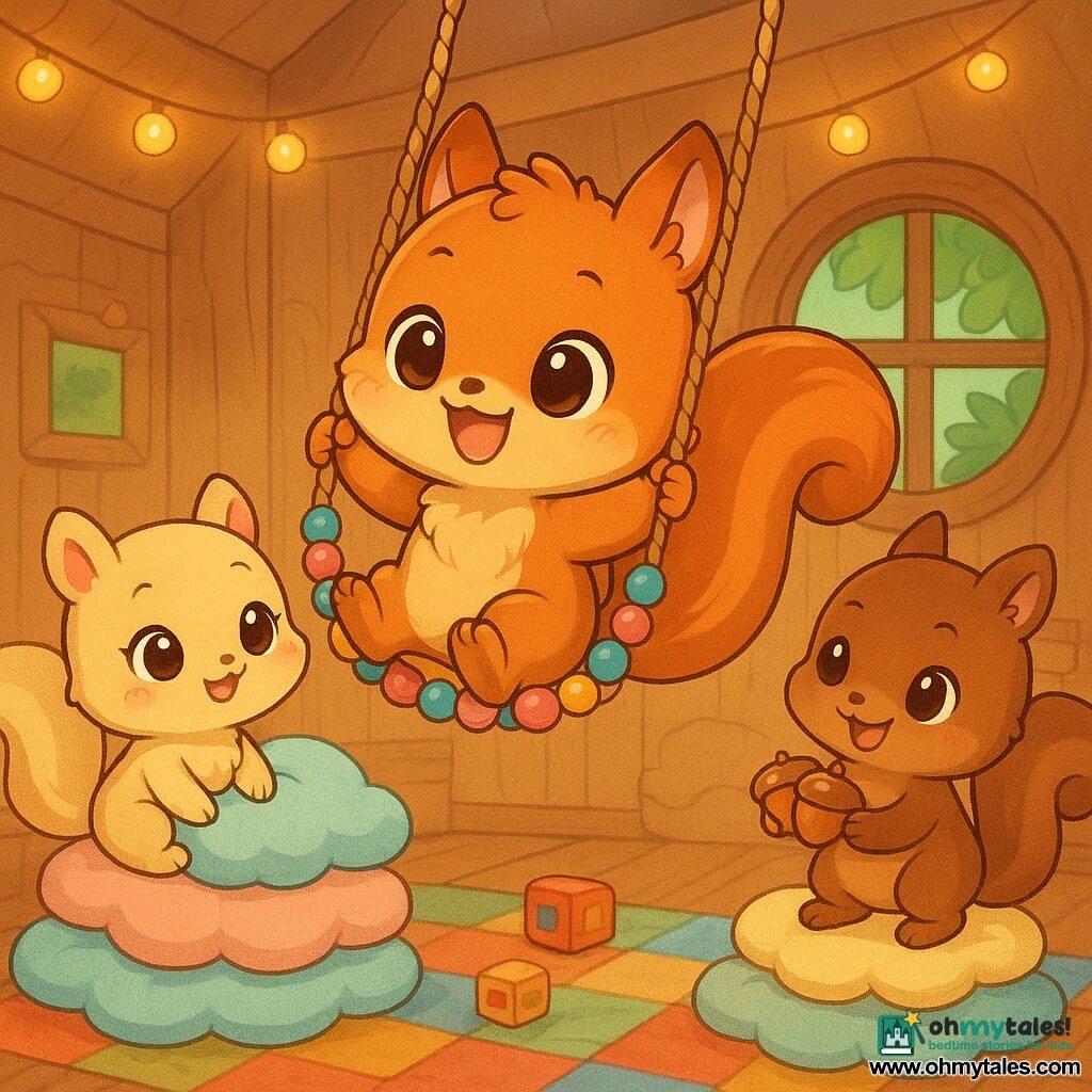 A chibi red-furred squirrel swings on a necklace of colorful beads while his cream-furred little sister with pink cheek spots stacks cloud-shaped cushions laughing at him and a light-brown little brother with a mischievous smile holds shiny acorns atop a cushion pile ready to jump; they play in a cozy treehouse bedroom with warm wooden planks, a round window with green leaves, string lights, a patchwork rug and scattered wooden toys, having turned the room into an improvised playground with a bead swing, cushion mountain and rolling acorns in a playful, lively scene with bright colors and soft textures.