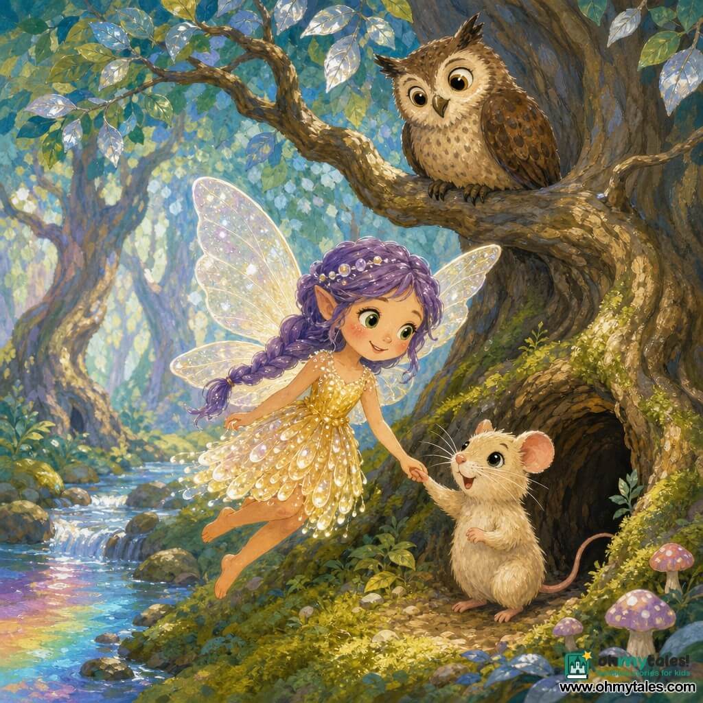 Lila is a tiny female fairy with a round joyful face, bright green eyes, purple braided hair and glittery translucent wings, smiling tenderly as she holds the little paw of Pip, a cream-furred male mouse with fine whiskers and wet black eyes who looks relieved beside the entrance of his burrow; above them a mottled brown male owl with wise large eyes perches on a low branch watching with a slight smile, all in the heart of a magical forest of tall twisted trunks, shimmering emerald and silver leaves, a clear stream with rainbow reflections and soft moss, as Lila brings Pip home under a large oak with warm, luminous pastel colors and visible gouache texture.